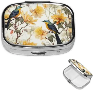 Pill Case with Mirror Retro 2 Compartment Pill Box Yellow Flowers and Birds Small Pill Organizer for Purse or Pocket Decorative Metal Medicine Vitamin Organizer Unique Gifts