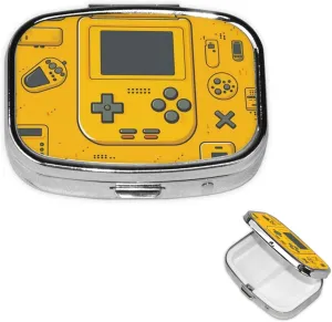 Pill Case with Mirror Retro 2 Compartment Pill Box Yellow Game Console Small Pill Organizer for Purse or Pocket Decorative Metal Medicine Vitamin Organizer Unique Gifts
