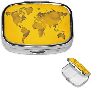 Pill Case with Mirror Retro 2 Compartment Pill Box Yellow World map Small Pill Organizer for Purse or Pocket Decorative Metal Medicine Vitamin Organizer Unique Gifts