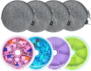 Pill Organizer Travel Pill Case for Purse Portable Pill Box Round Weekiy Pill Container for Vitamin Fish Oil Pills Supplements (4PCS Bag 4PCS)