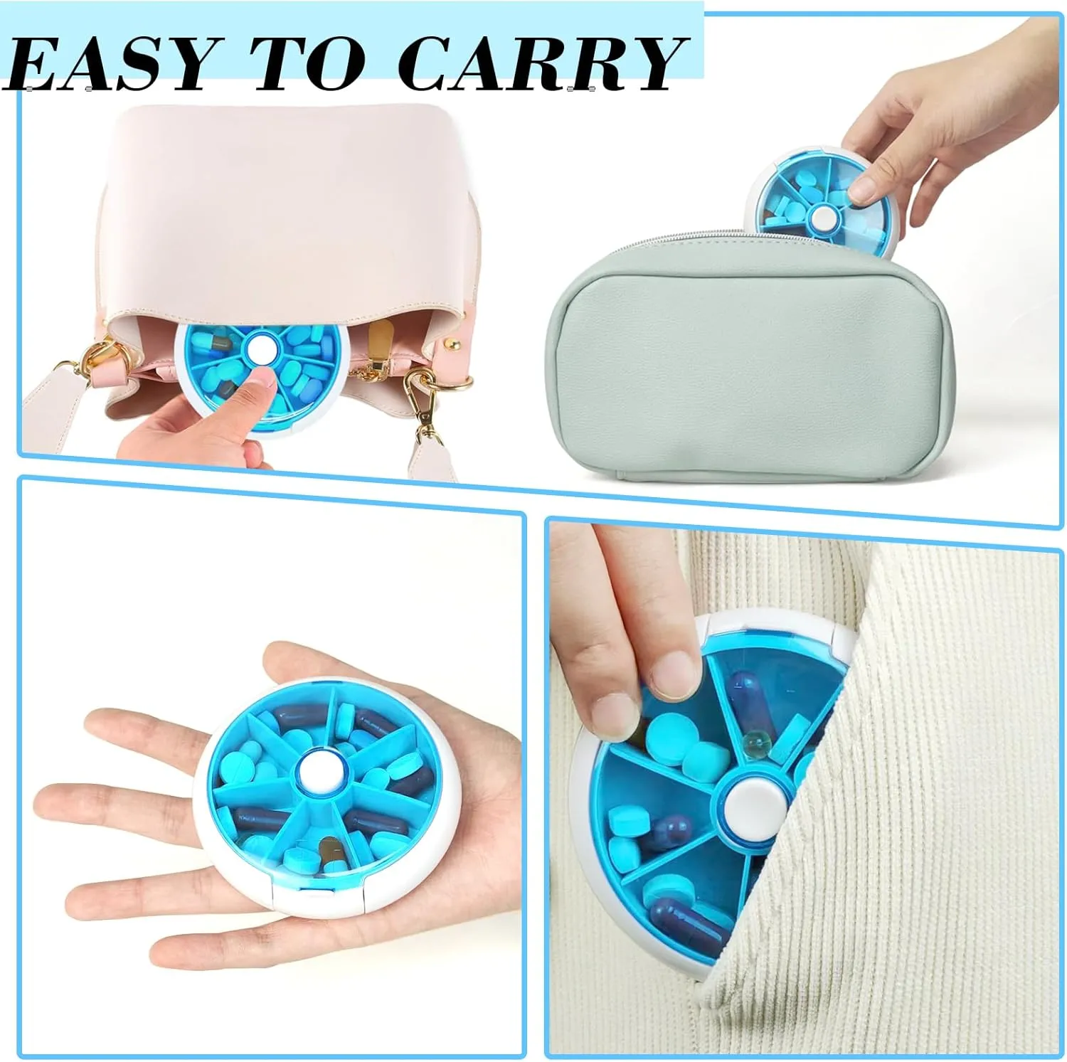 Pill Organizer Travel Pill Case for Purse Portable Pill Box Round Weekiy Pill Container for Vitamin Fish Oil Pills Supplements (4PCS Bag 4PCS)