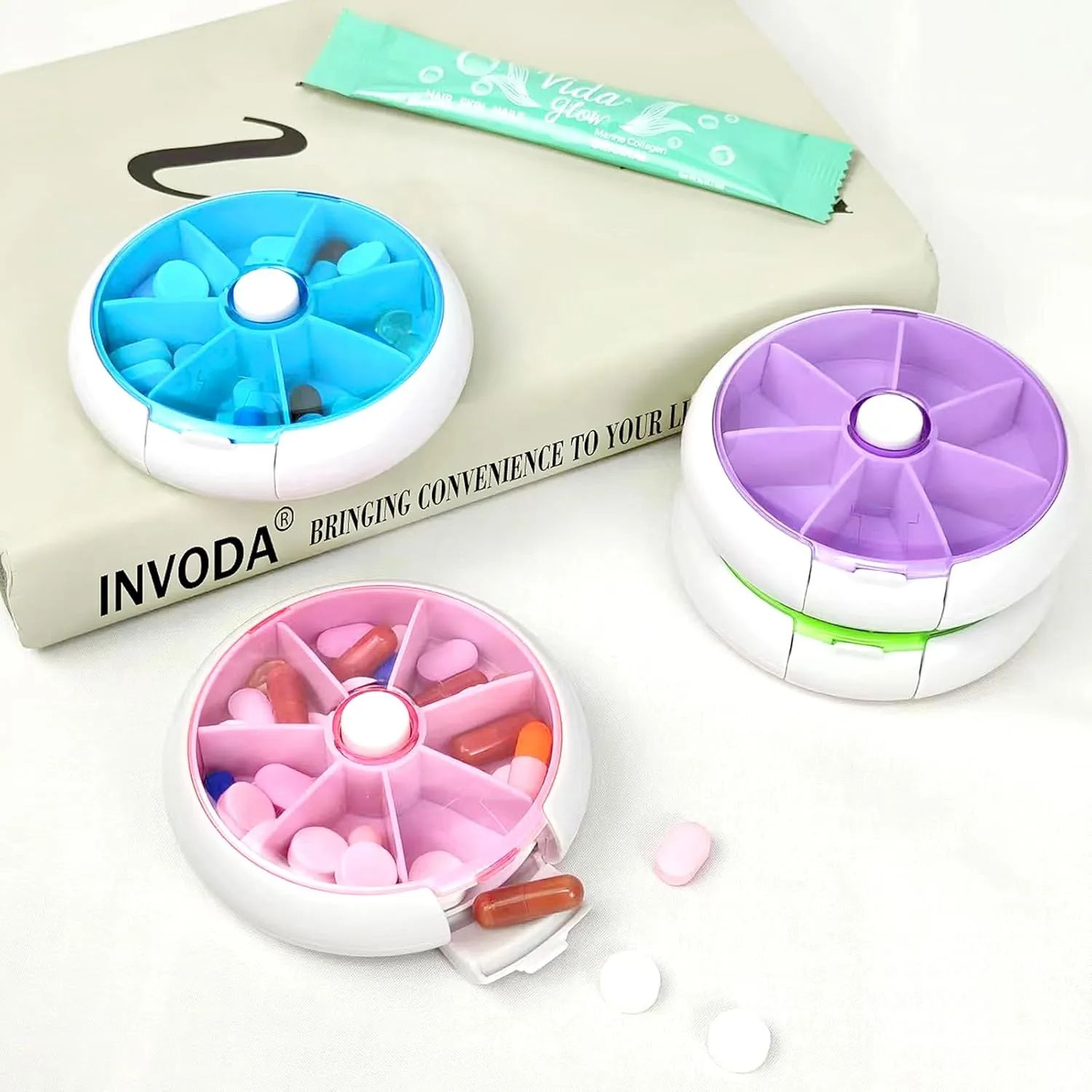 Pill Organizer Travel Pill Case for Purse Portable Pill Box Round Weekiy Pill Container for Vitamin Fish Oil Pills Supplements (4PCS Bag 4PCS)