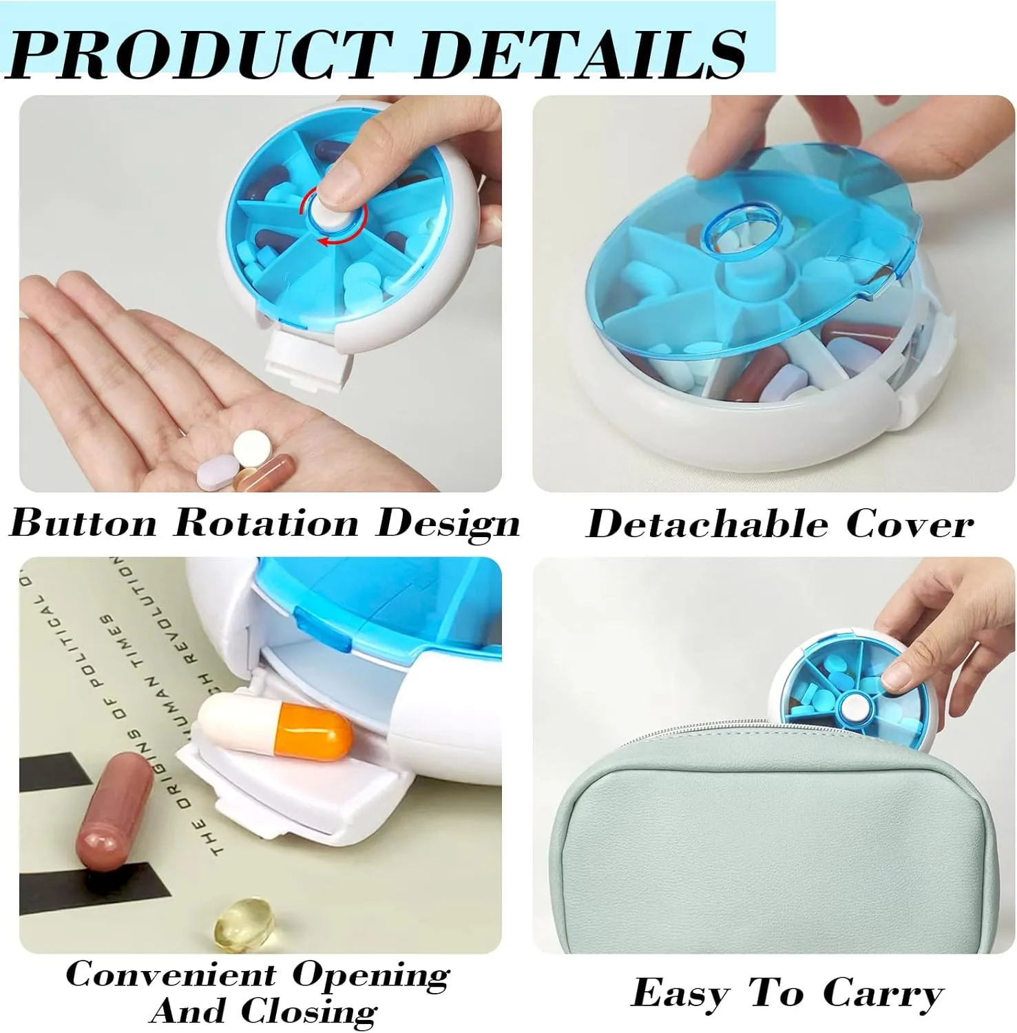 Pill Organizer Travel Pill Case for Purse Portable Pill Box Round Weekiy Pill Container for Vitamin Fish Oil Pills Supplements (4PCS Bag 4PCS)