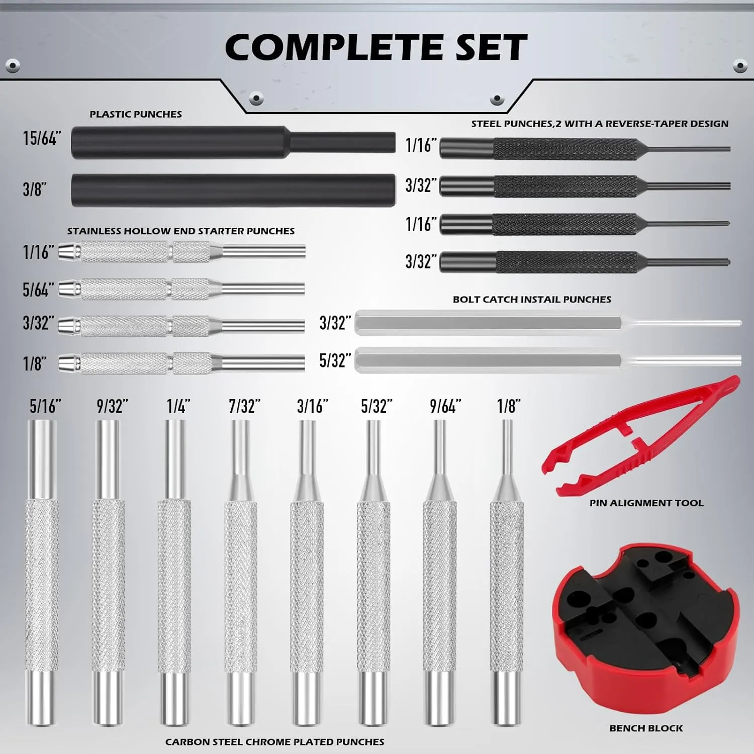Pin Punch Hammer Set: 25-Piece Punch Set and Hammer with Bench Block, Steel Roll Pin Punch Set, Pin Punches with Replaceable Face Hammer, Mechanical Repair Tool for Maintenance