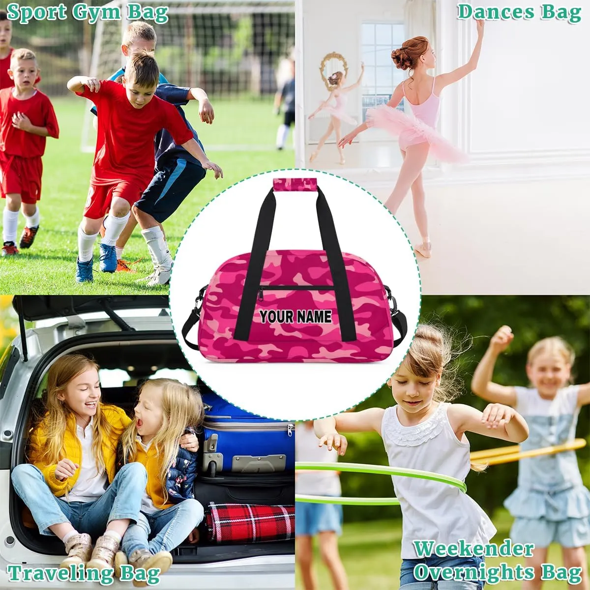 Pink Camo Camouflage Pattern Personalized Kids Duffel Bags for Boys Girls Teen, Custom Sports Gym Bag, Customized Travel Duffel Bag Girls Dance Bag Weekender Overnight Bag for Kids