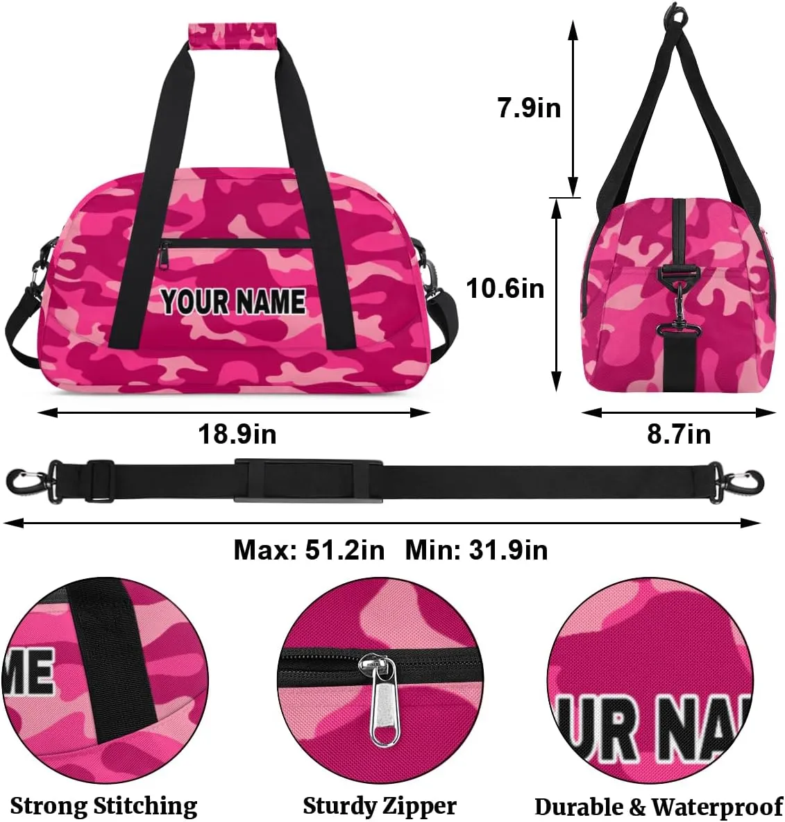 Pink Camo Camouflage Pattern Personalized Kids Duffel Bags for Boys Girls Teen, Custom Sports Gym Bag, Customized Travel Duffel Bag Girls Dance Bag Weekender Overnight Bag for Kids