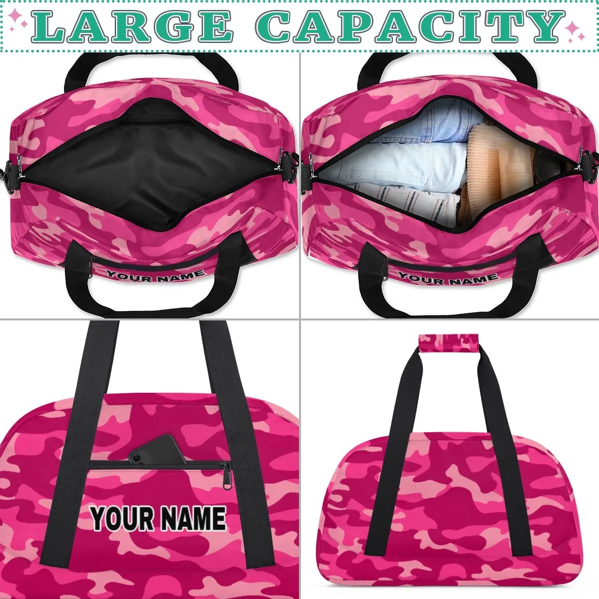 Pink Camo Camouflage Pattern Personalized Kids Duffel Bags for Boys Girls Teen, Custom Sports Gym Bag, Customized Travel Duffel Bag Girls Dance Bag Weekender Overnight Bag for Kids