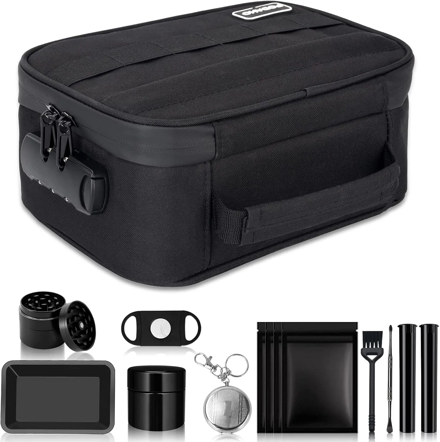 PODAHO Large Smell Proof Stash Bags with Complete 9 Accessories, Carbon Lined Smell Proof Box Case with Combination Lock, Portable Smell Proof Containers Pouch For Tobacco Products, Black
