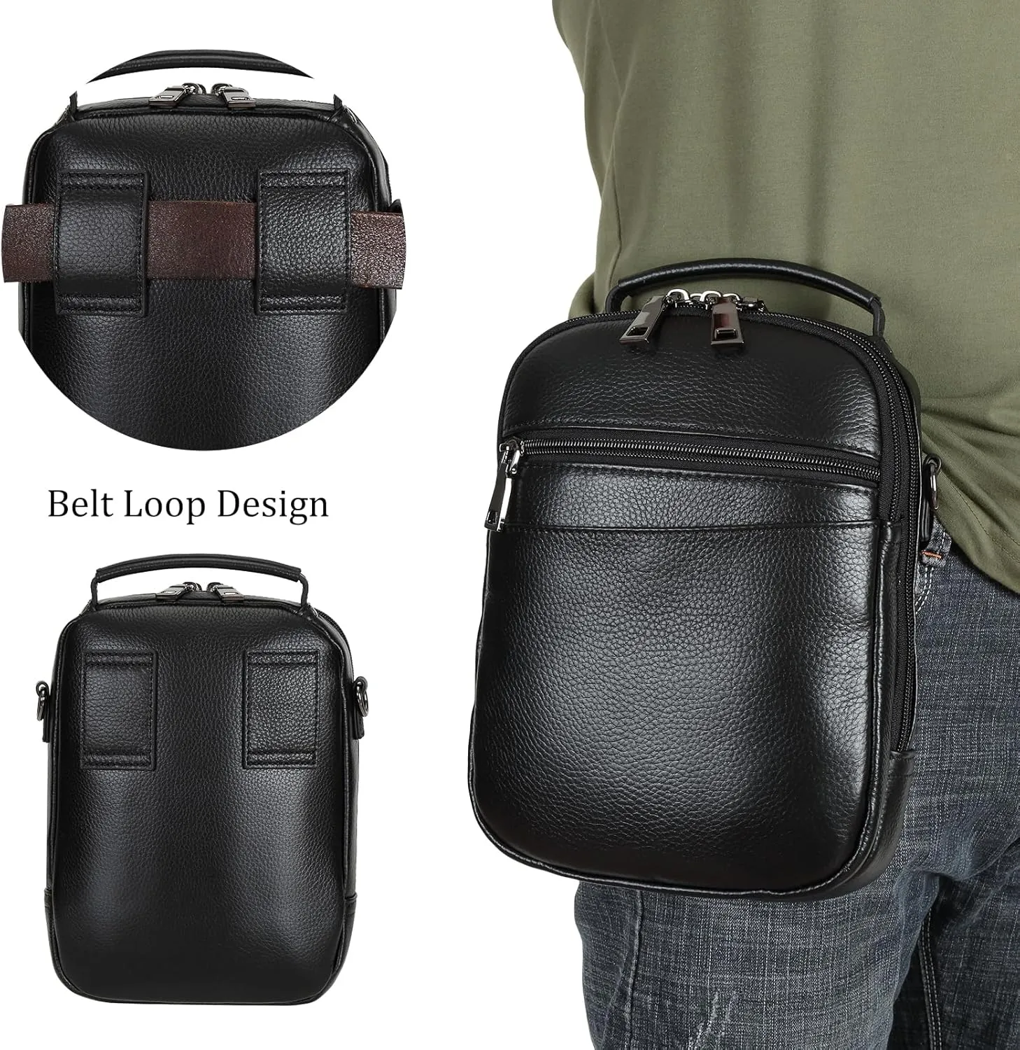 Polare Italian Leather Carry Gun Pouch Small Crossbody Handgun Bag Fanny Pack Pistol Case Waist Belt Firearm Bag with Holster (Black)
