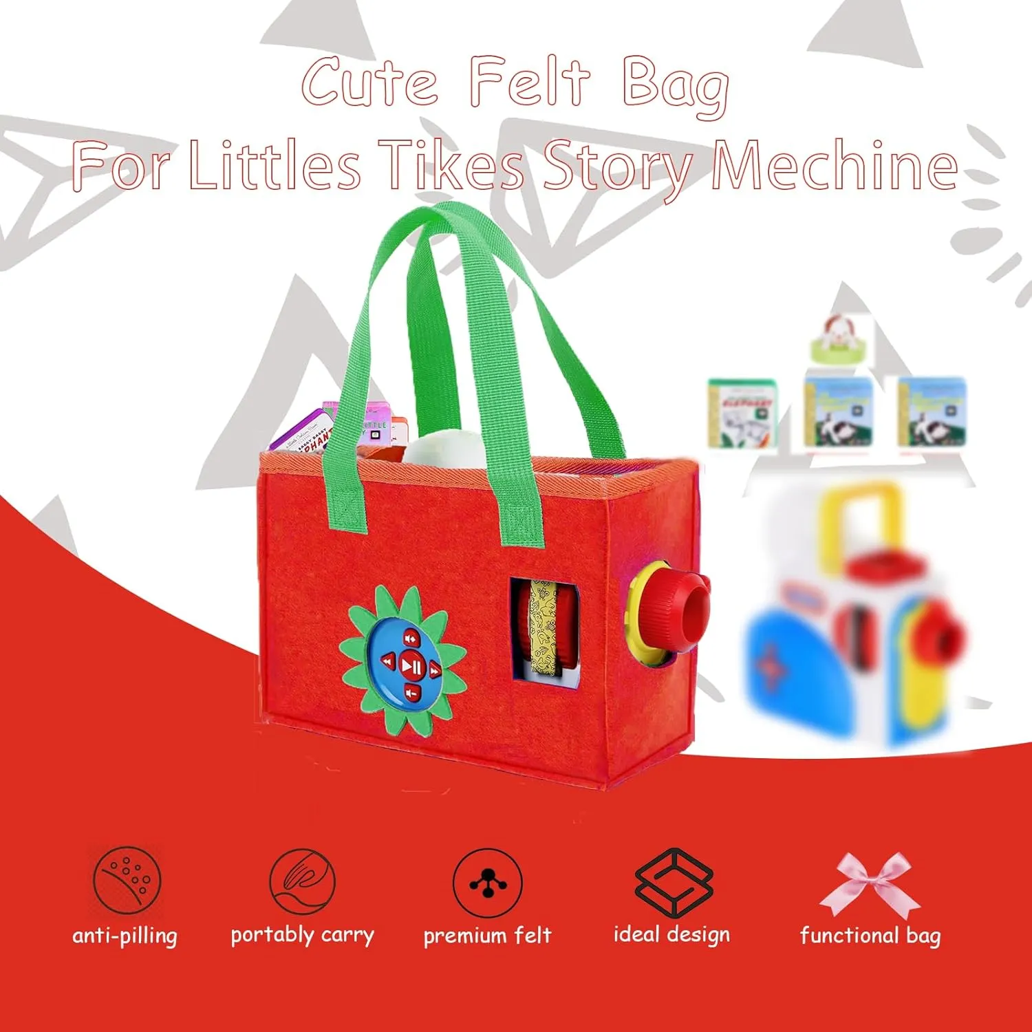 Portable Cute Case for Little Tikes Story Dream Machine Starter Set, Folded Felt Bag with Thick Handles, Easy Carrying (Red)