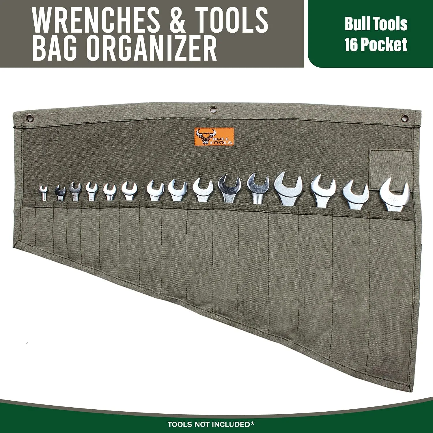 Portable Wrench Organizer Roll Up Tool Bag, Handcrafted Heavy Duty 16 Pocket Cotton Canvas Pouch, Durable SAE & Metric Storage Washed Olive Drab (Tools Not Included)