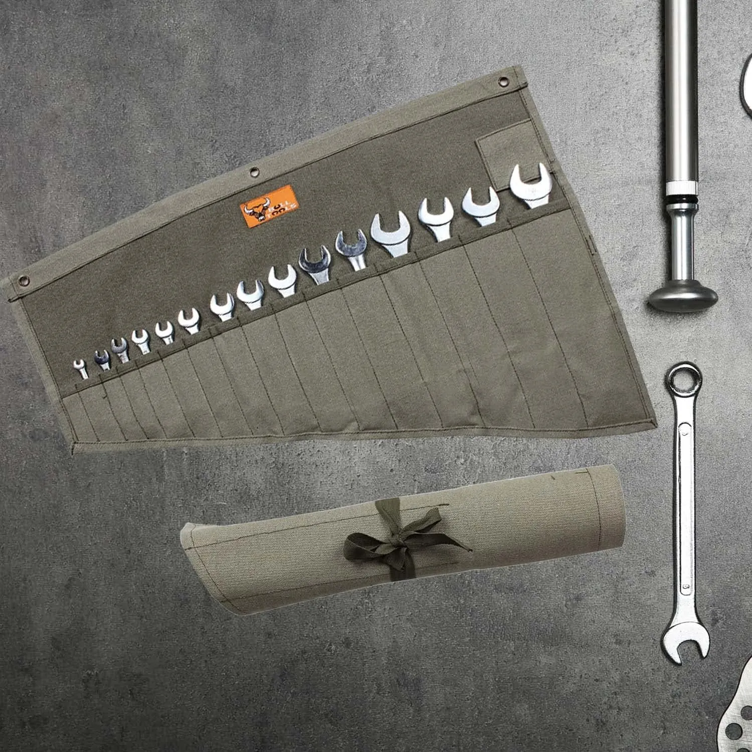 Portable Wrench Organizer Roll Up Tool Bag, Handcrafted Heavy Duty 16 Pocket Cotton Canvas Pouch, Durable SAE & Metric Storage Washed Olive Drab (Tools Not Included)