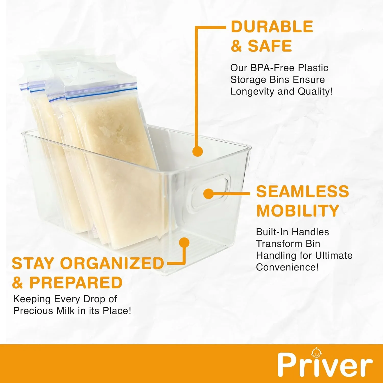 Priver - Breast Milk Freezer Storage Containers, 2 pack - Breastfeeding Essential in Organization and Storage for Milk & Baby Bottles, Reusable Freezer Organizer Bins, 5.2’’ W x 9.3" L x 4.2" H