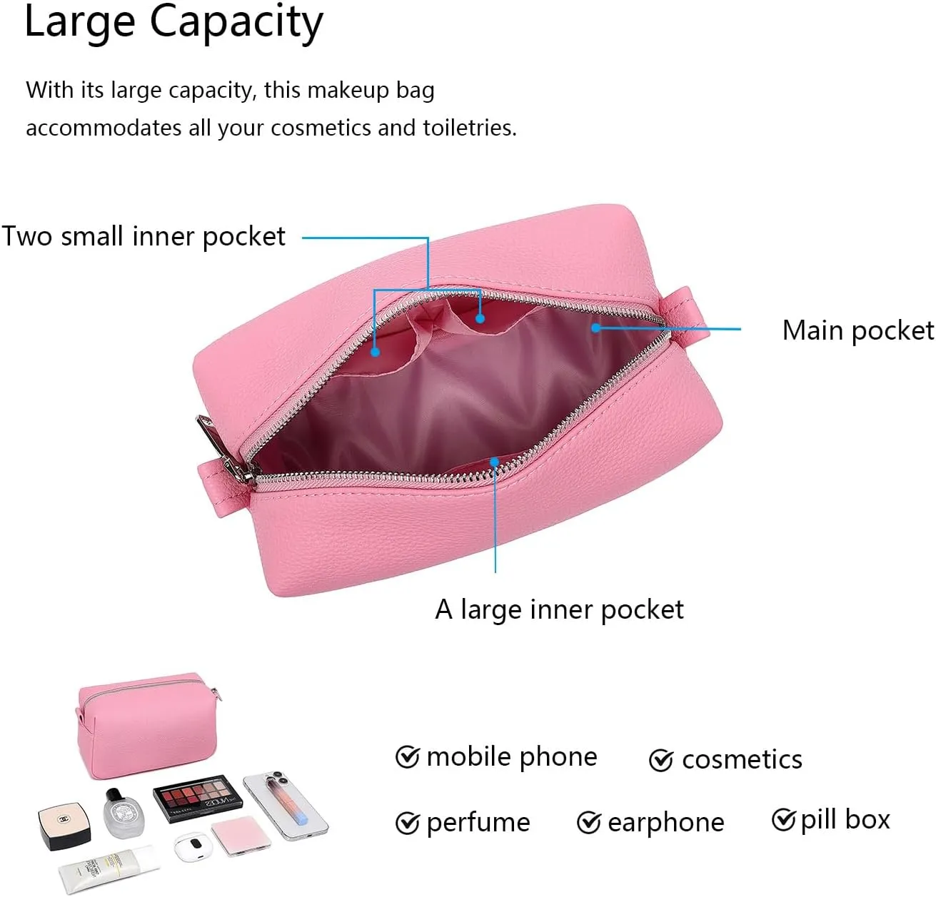PU leather Organizer Bag Lightweight Cosmetic Bag with Ring Clasp Perfect Travel Makeup Bag for Women (Azalea Pink/PU)