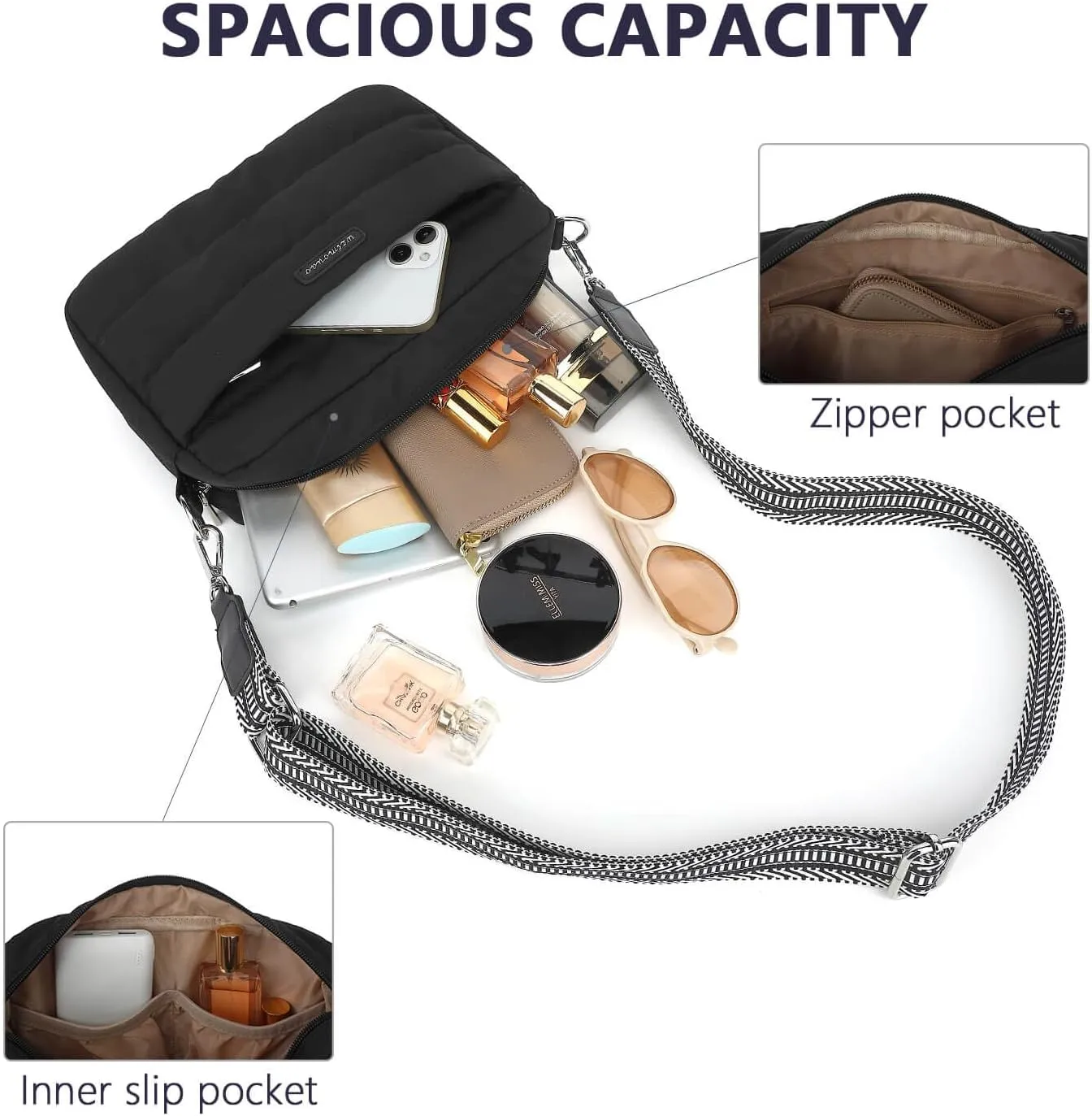 Puffer Crossbody Bags for Women, Lightweight Quilted Puffer Shoulder Bag, Cross Body Purse with Guitar Wide Strap Fit