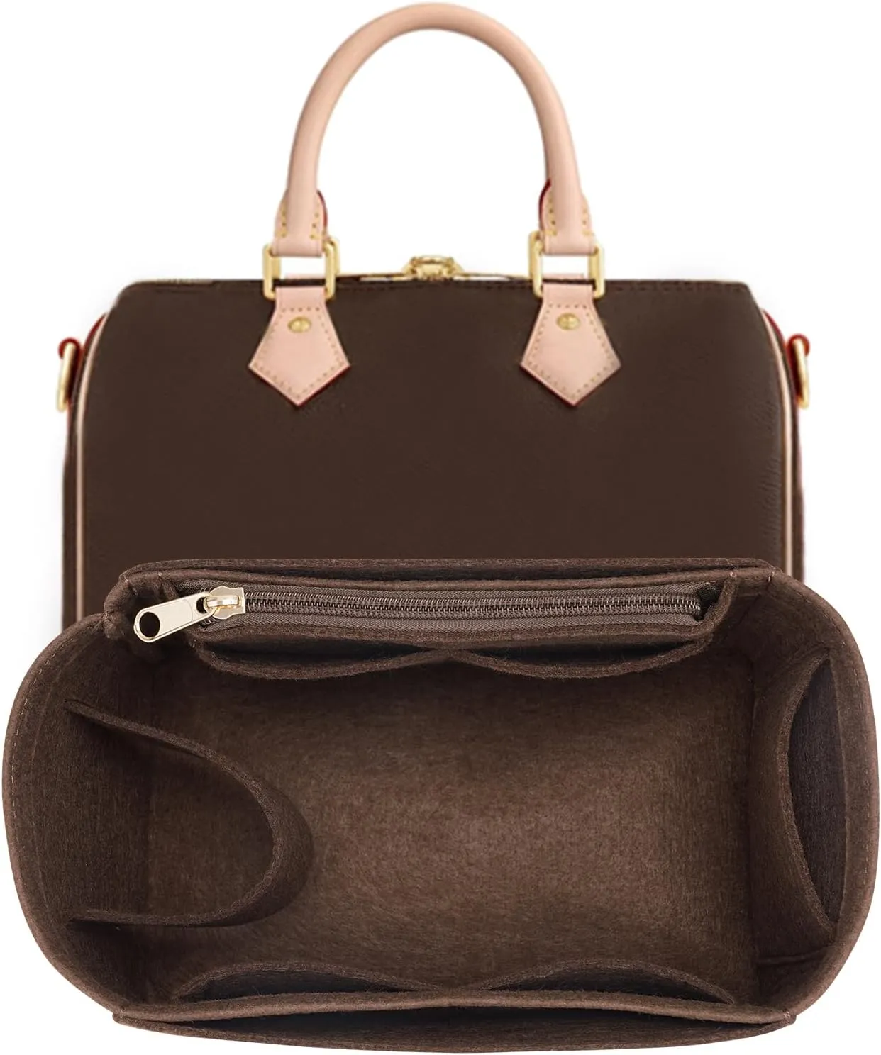 Purse Inserts for Speedy 20 Organizer,Felt Purse Bag Organizer Insert with Zipper Bag Tote Shaper (Brown, Small)