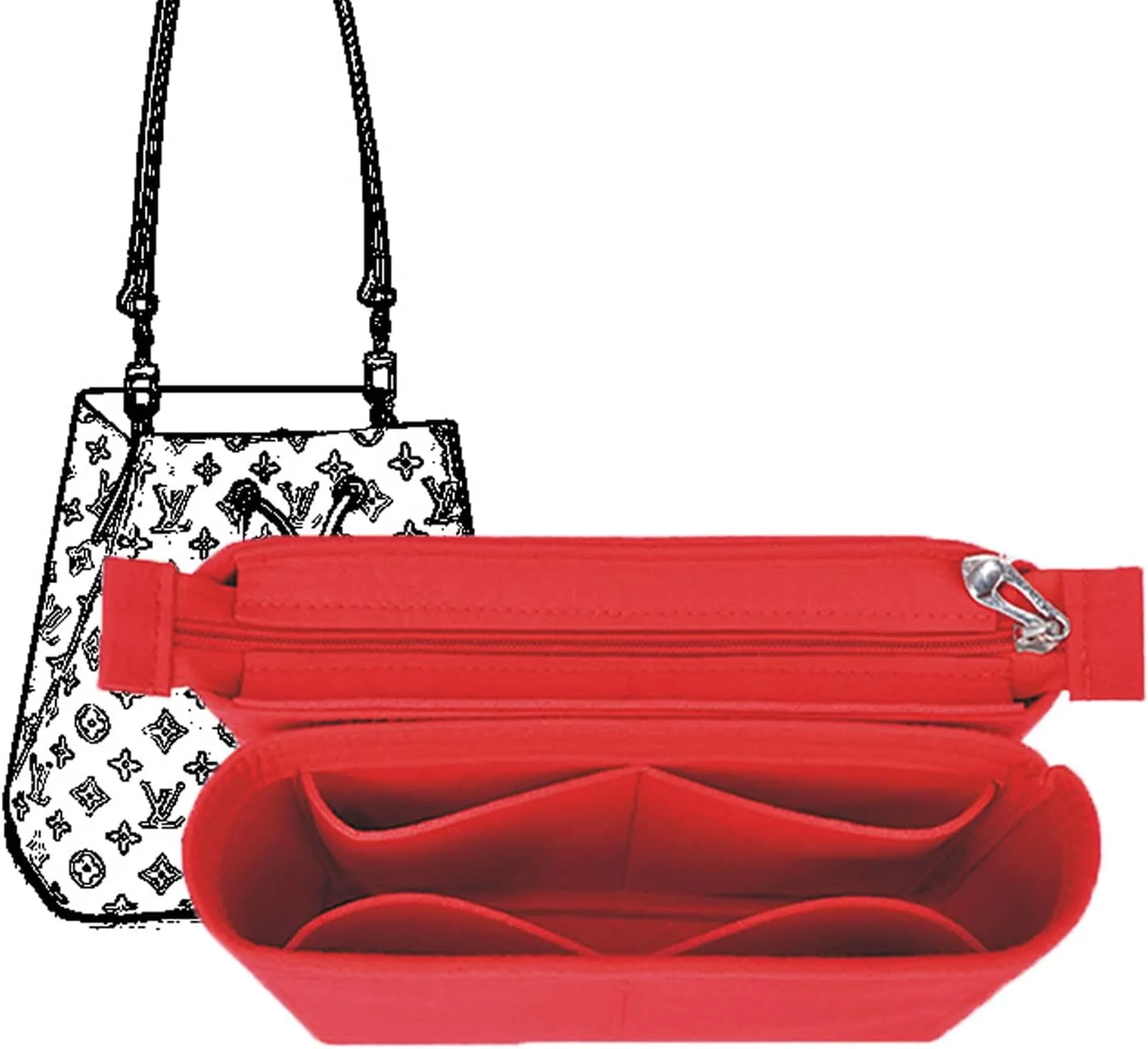 Purse Organizer, Felt Bag Organizer with Zipper, Insert Backpack Organizer With 2 Packs In One Set, Tote Organizer Insert for Women For LV NeoNoe Noé Series Perfectly (Red)
