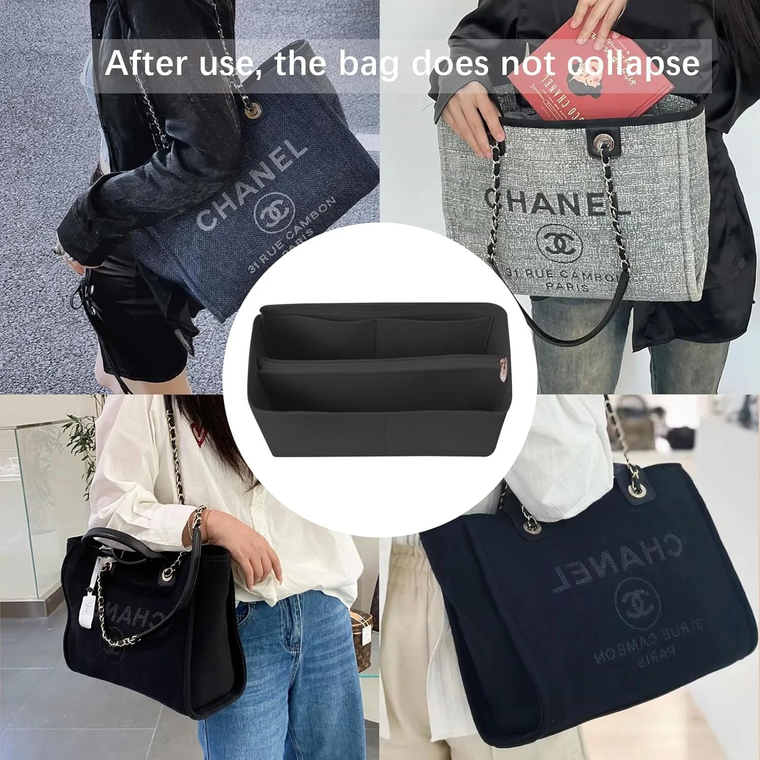 Purse Organizer for Chanel beach bag tote storage bag insert Organizer Y086-black
