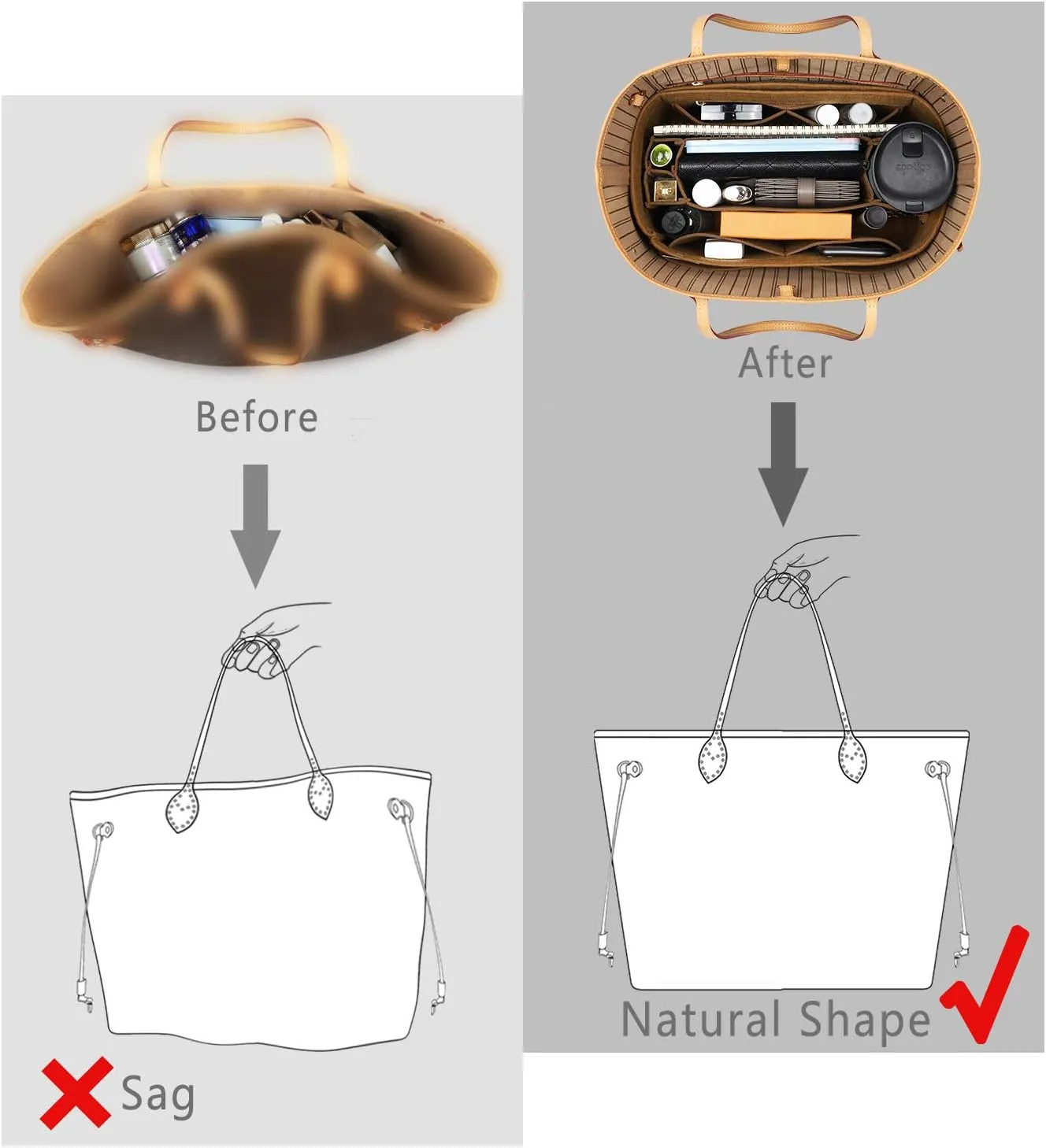 Purse Organizer Insert, Felt Purse Organizer with Zipper and Sewn Bottom Insert, Fit Speedy Neverfull Graceful,6 Sizes