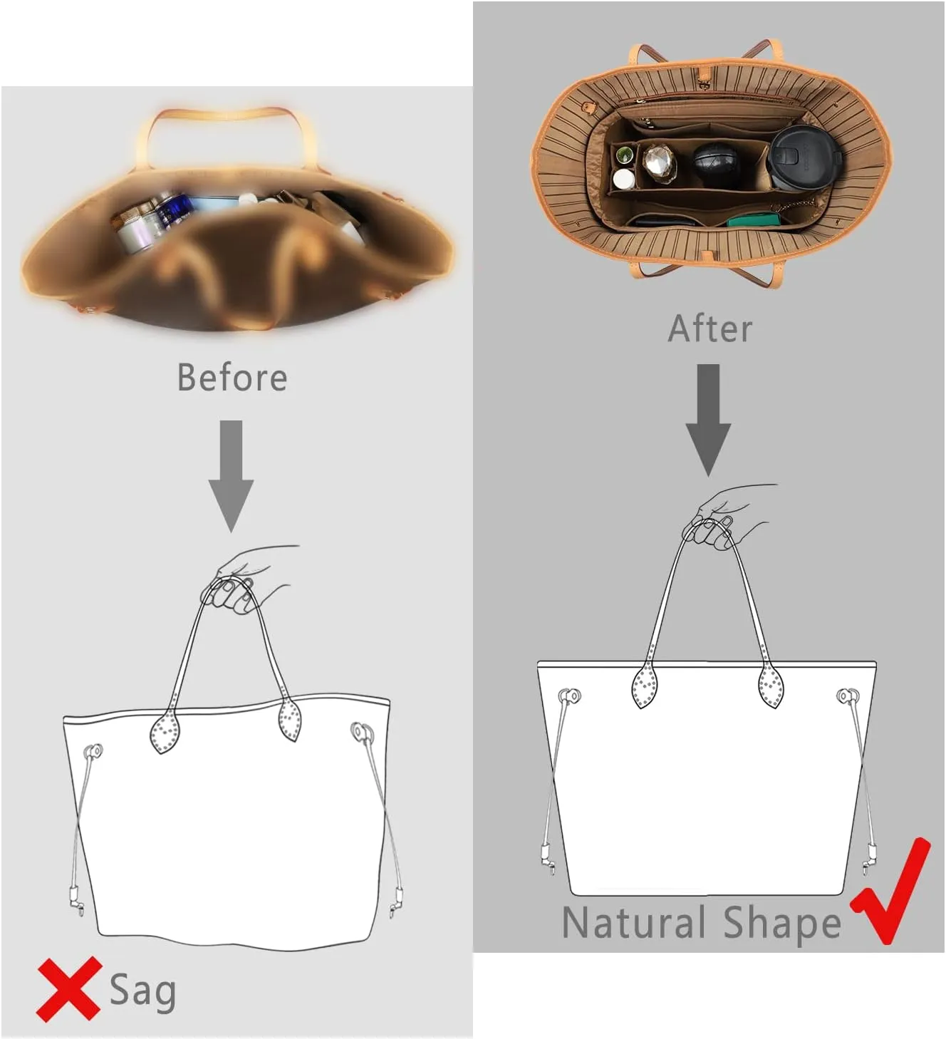 Purse Organizer Insert, Felt Purse Organizer with Zipper and Sewn Bottom Insert, Fit Speedy Neverfull Graceful,6 Sizes