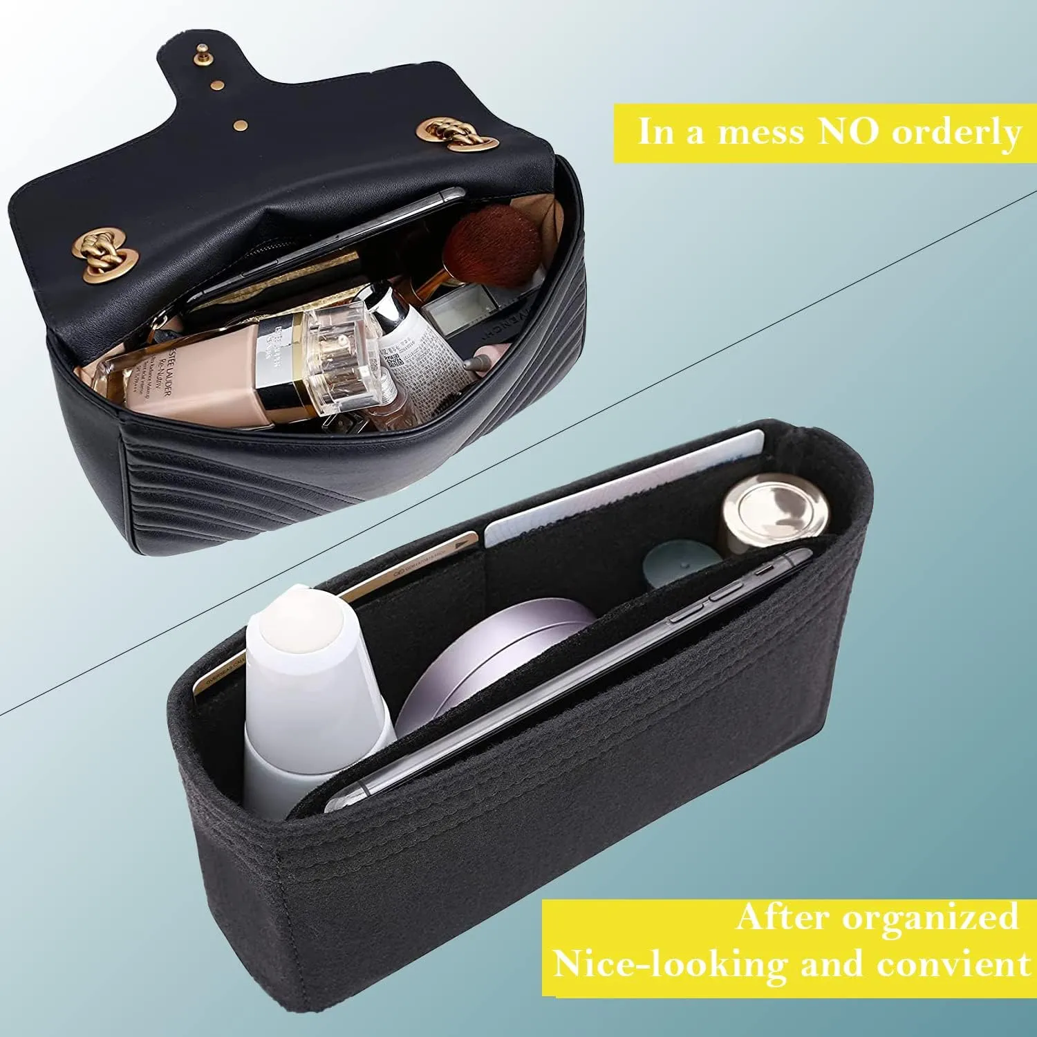 Purse Organizer Insert Felt With Pockets, Mini Handbag Tote Shaper for GG Marmont Matelasse Shoulder, Turn Your Bag Into A Crossbody (Medium, Black)