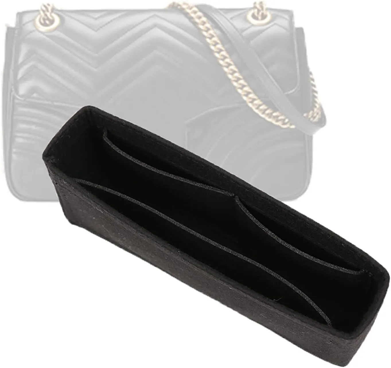 Purse Organizer Insert Felt With Pockets, Mini Handbag Tote Shaper for GG Marmont Matelasse Shoulder, Turn Your Bag Into A Crossbody (Medium, Black)