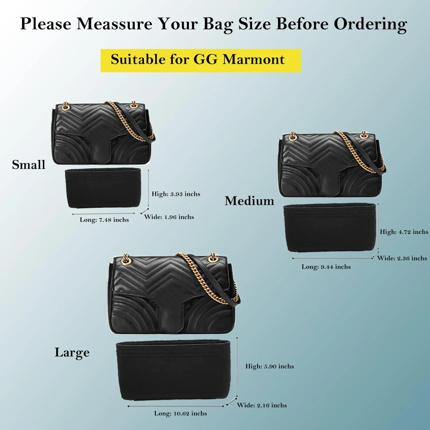 Purse Organizer Insert Felt With Pockets, Mini Handbag Tote Shaper for GG Marmont Matelasse Shoulder, Turn Your Bag Into A Crossbody (Medium, Black)