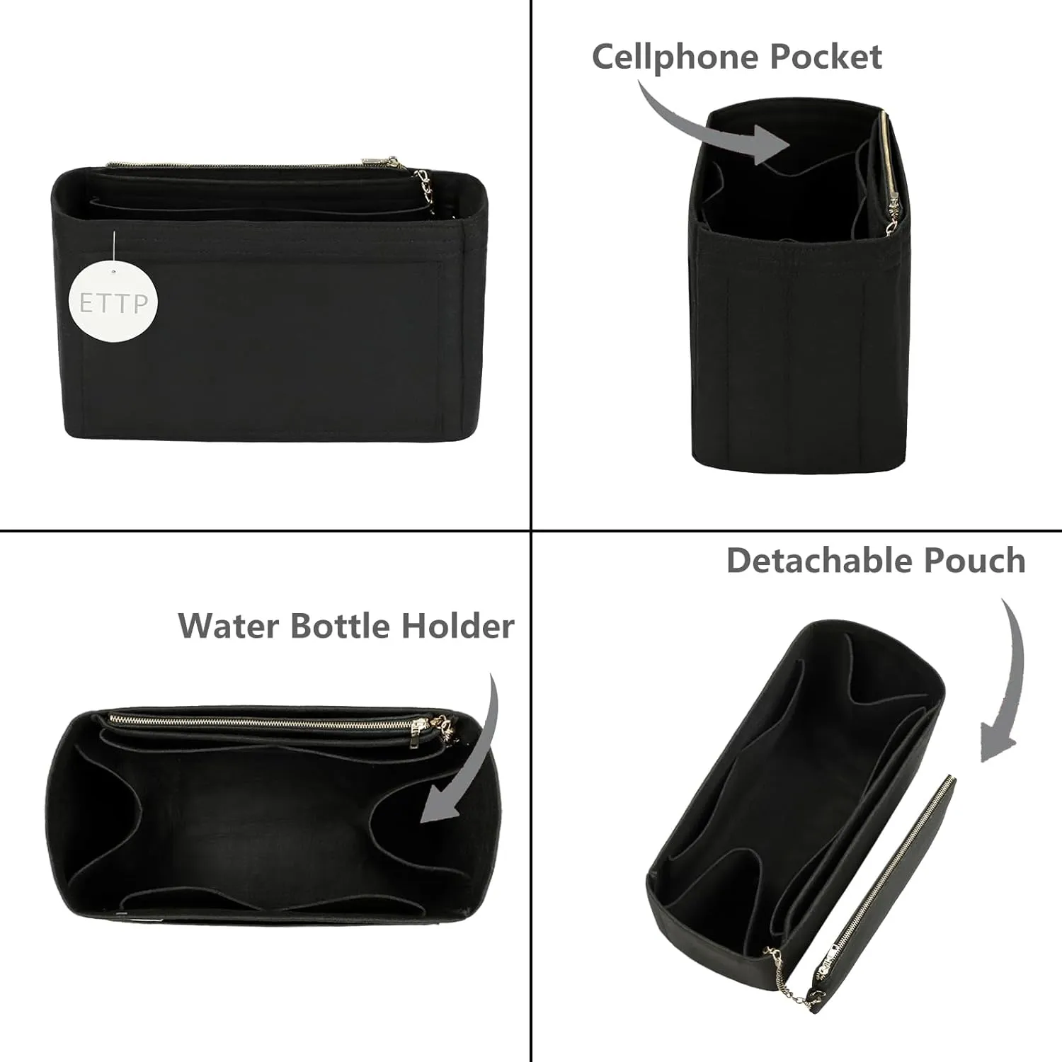 Purse Organizer Insert For Handbags, Tote Bag Organizer Insert, Handbag Organizer For Tote & Handbags, Compatible with Neverful Speedy and More (XLarge,Black)