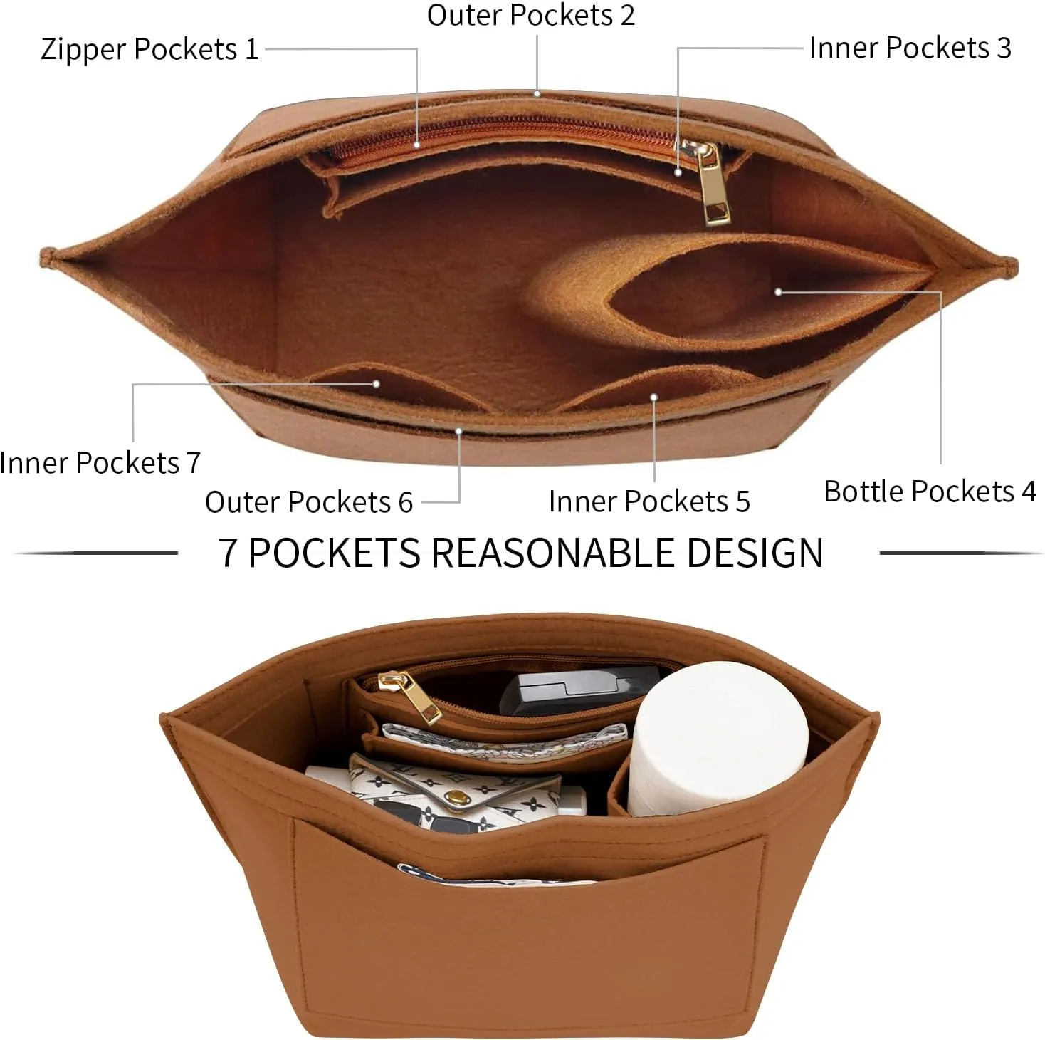 Purse Organizer Insert for Le Pliage Small Handbags Insert Organizer (Brown, Small)