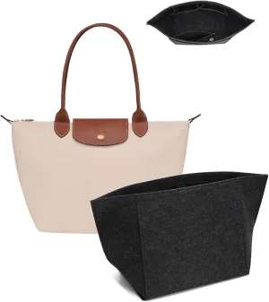 Purse Organizer Insert for Longchamp Le Pliage M Handbag Insert, Felt Handbag Organizer Insert Large Tote with Cup Holder, Bag Organizer with Zipper,8 Compartments(Dark Grey,M10.23*7.87*5.12in)