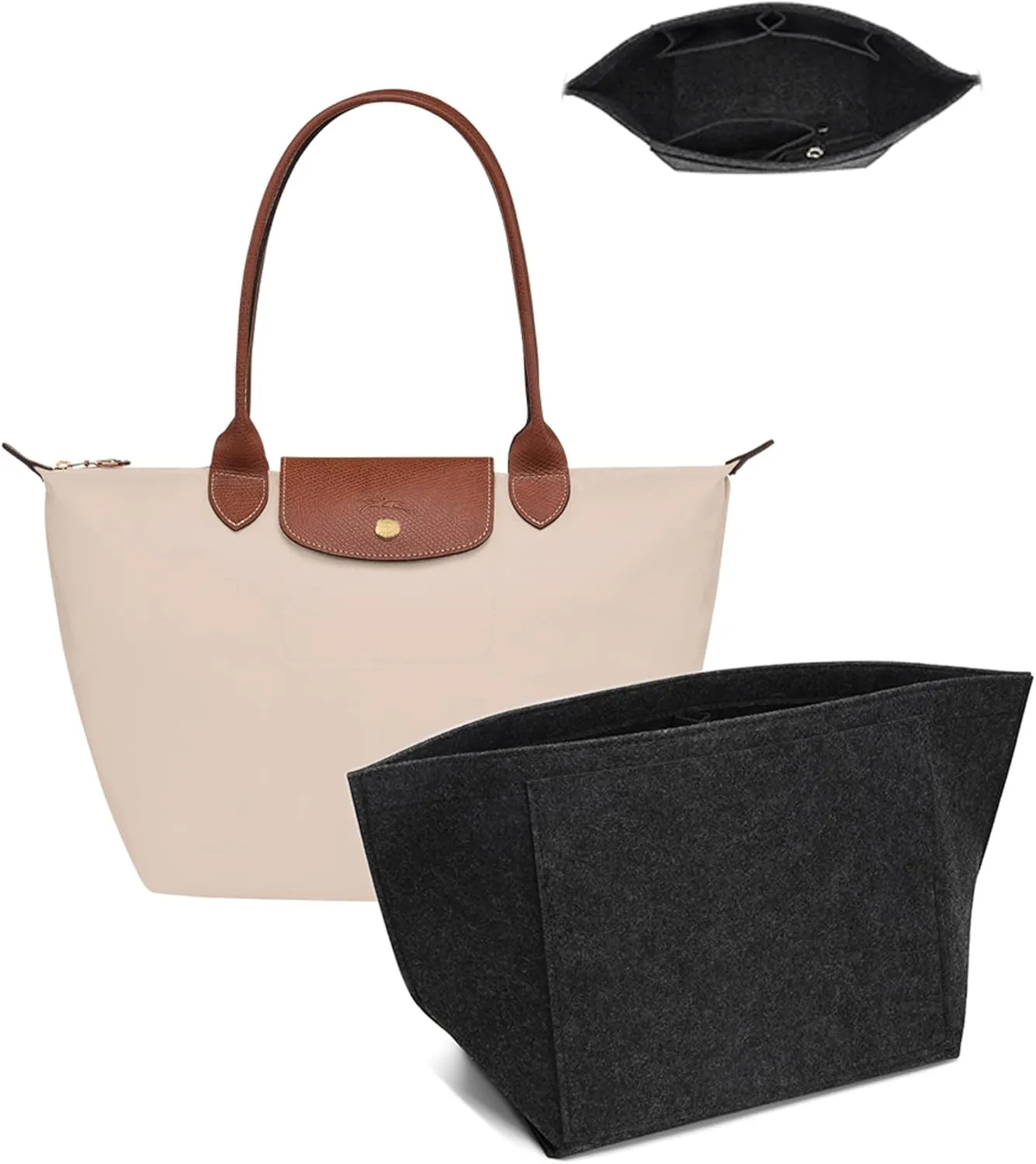 Purse Organizer Insert for Longchamp Le Pliage M Handbag Insert, Felt Handbag Organizer Insert Large Tote with Cup Holder, Bag Organizer with Zipper,8 Compartments(Dark Grey,M10.23*7.87*5.12in)