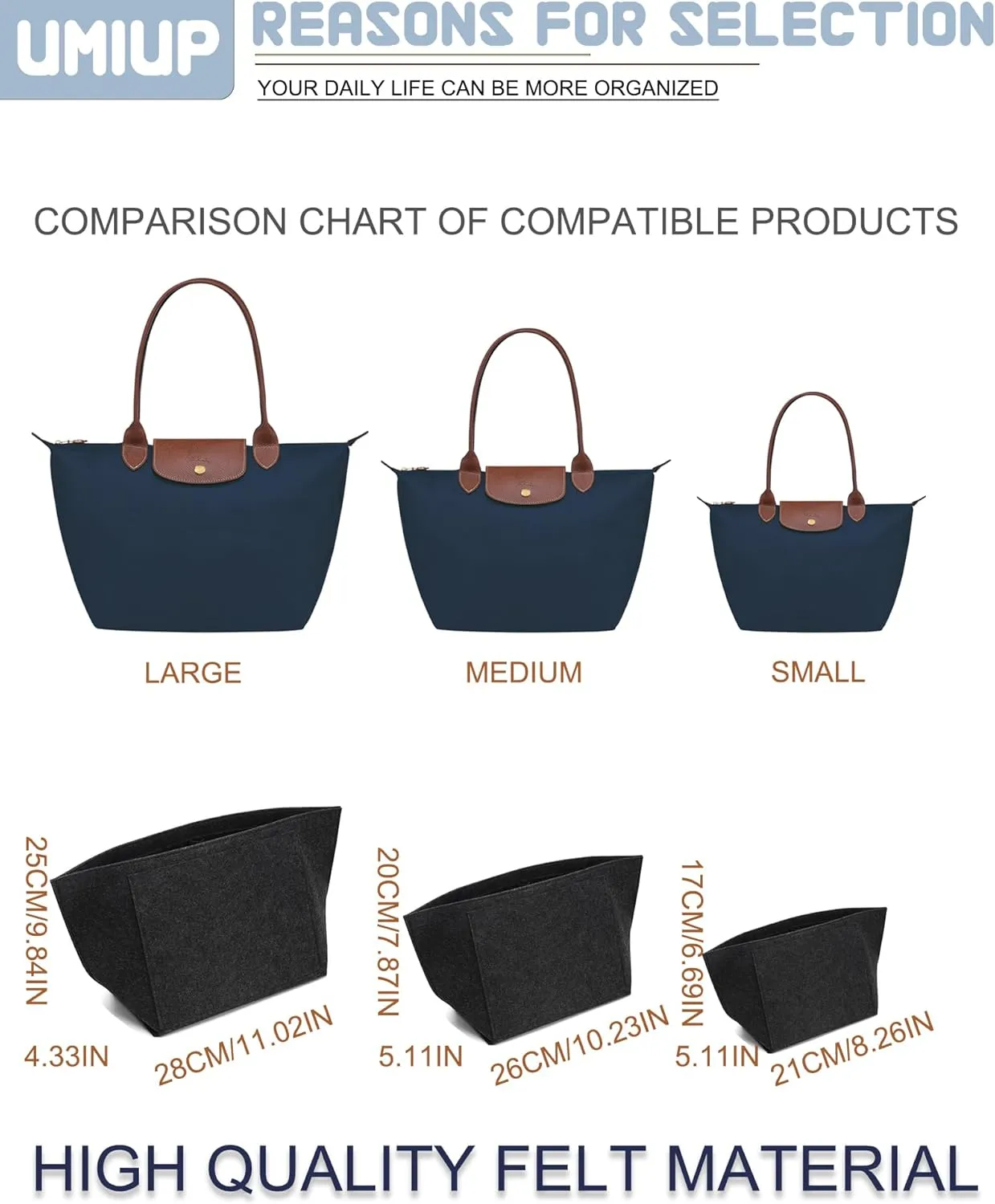 Purse Organizer Insert for Longchamp Le Pliage M Handbag Insert, Felt Handbag Organizer Insert Large Tote with Cup Holder, Bag Organizer with Zipper,8 Compartments(Dark Grey,M10.23*7.87*5.12in)