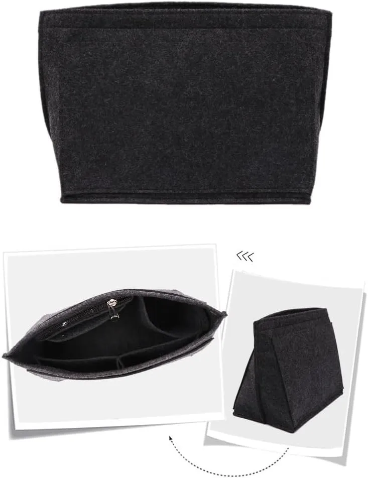 Purse Organizer Insert for Longchamp Le Pliage M Handbag Insert, Felt Handbag Organizer Insert Large Tote with Cup Holder, Bag Organizer with Zipper,8 Compartments(Dark Grey,M10.23*7.87*5.12in)