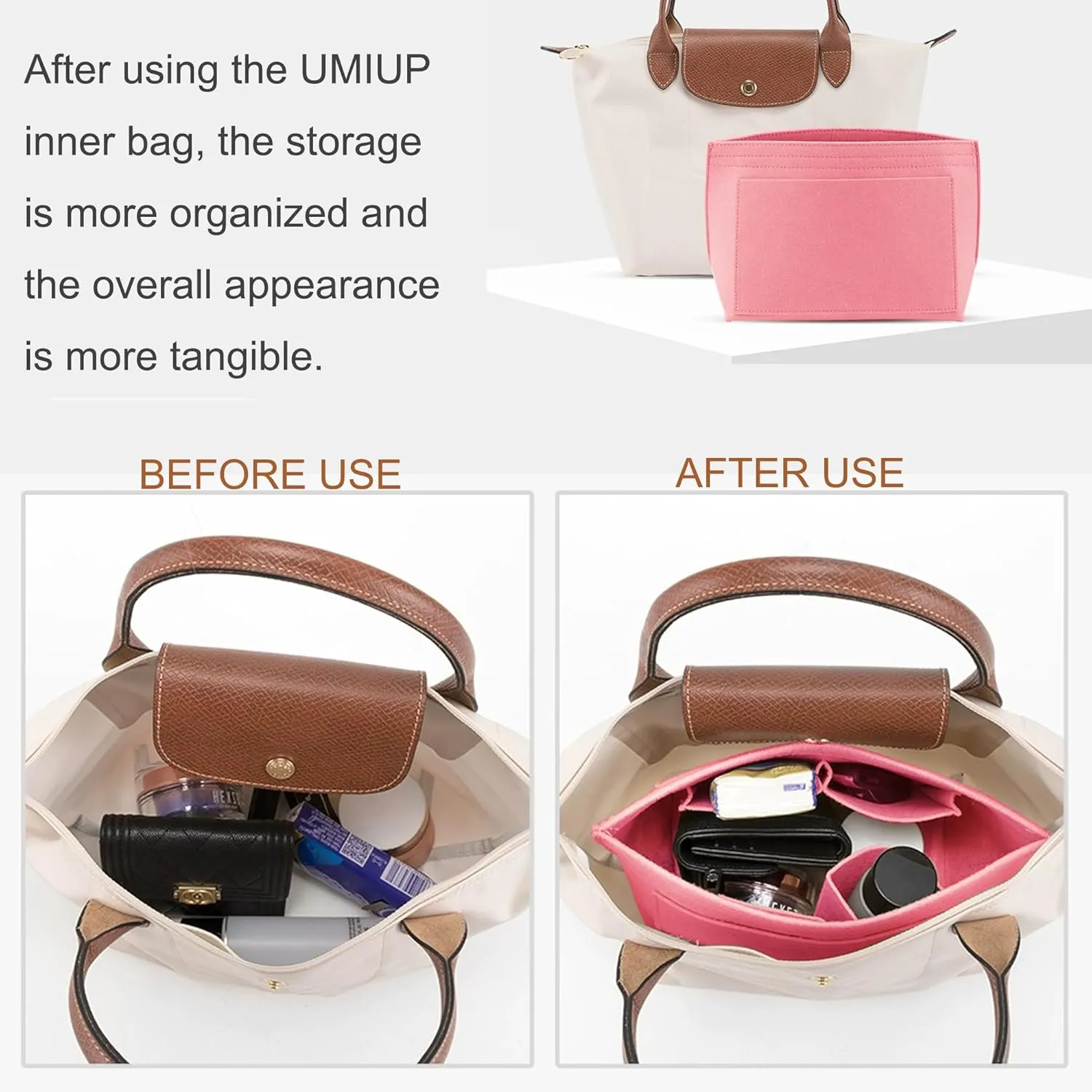 Purse Organizer Insert for Longchamp Le Pliage Tote, Handbag Organizer Compatible with Le Pliage Shoulder Bag (Pink, M 10.23 X 7.87 X 5.12INCH)