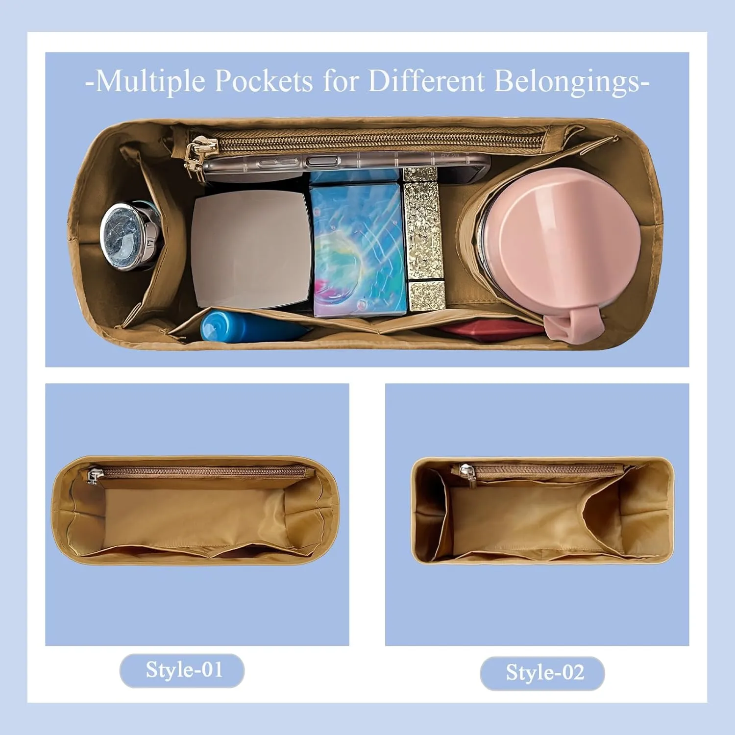 Purse Organizer Insert, Nylon Inner Liner for Loewe Flamenco Bag, Durable Storage Multiple Pouch Cosmetics Zipper Bag Insert Handbag Organizer (Style-01, Mini)