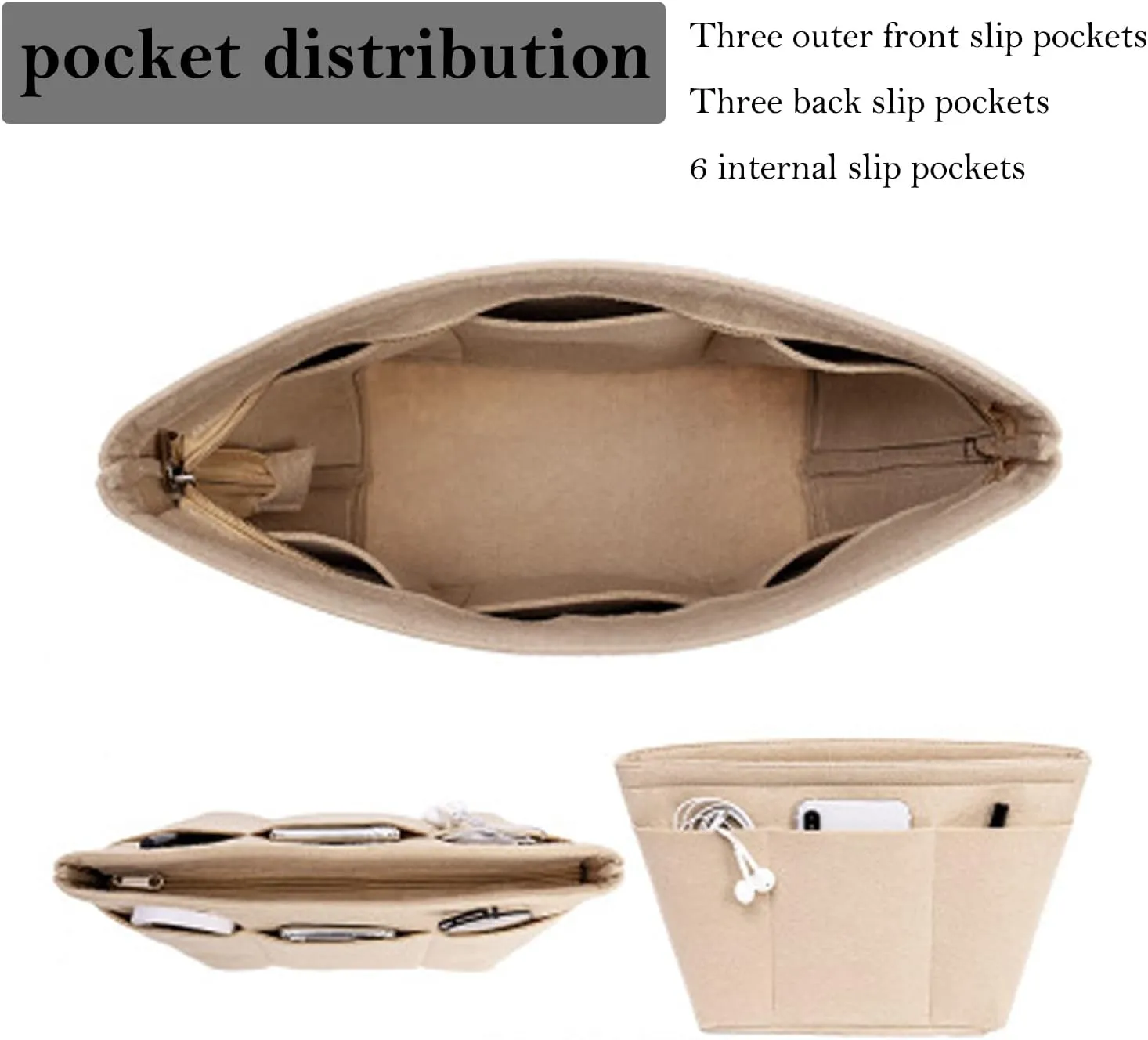 Purse Organizer Insert, Tote Bag Organizer Insert, Felt Bag Divider With 12 Pockets, Compatible With Tote, Handbags (Beige, Small)