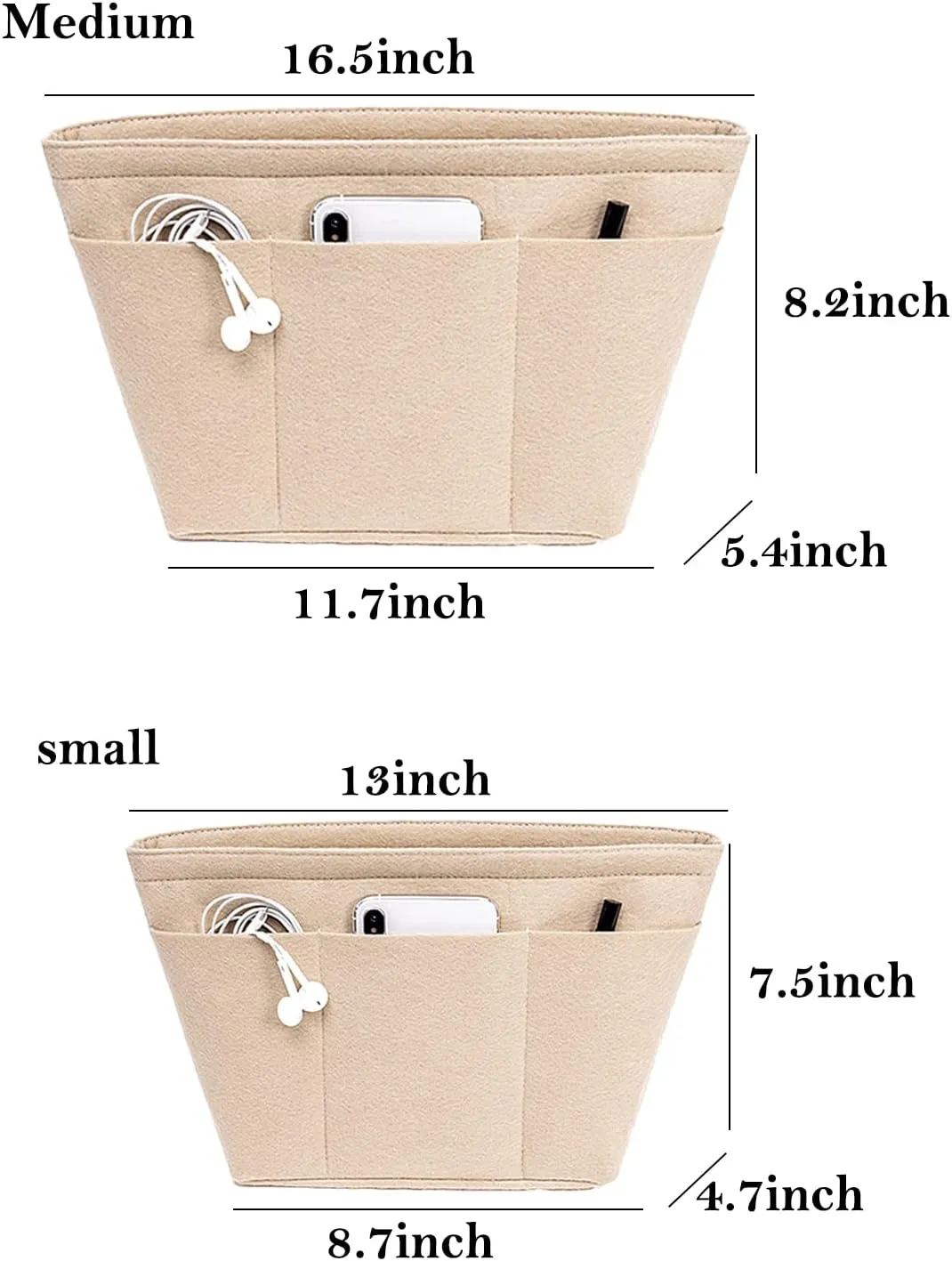 Purse Organizer Insert, Tote Bag Organizer Insert, Felt Bag Divider With 12 Pockets, Compatible With Tote, Handbags (Beige, Small)
