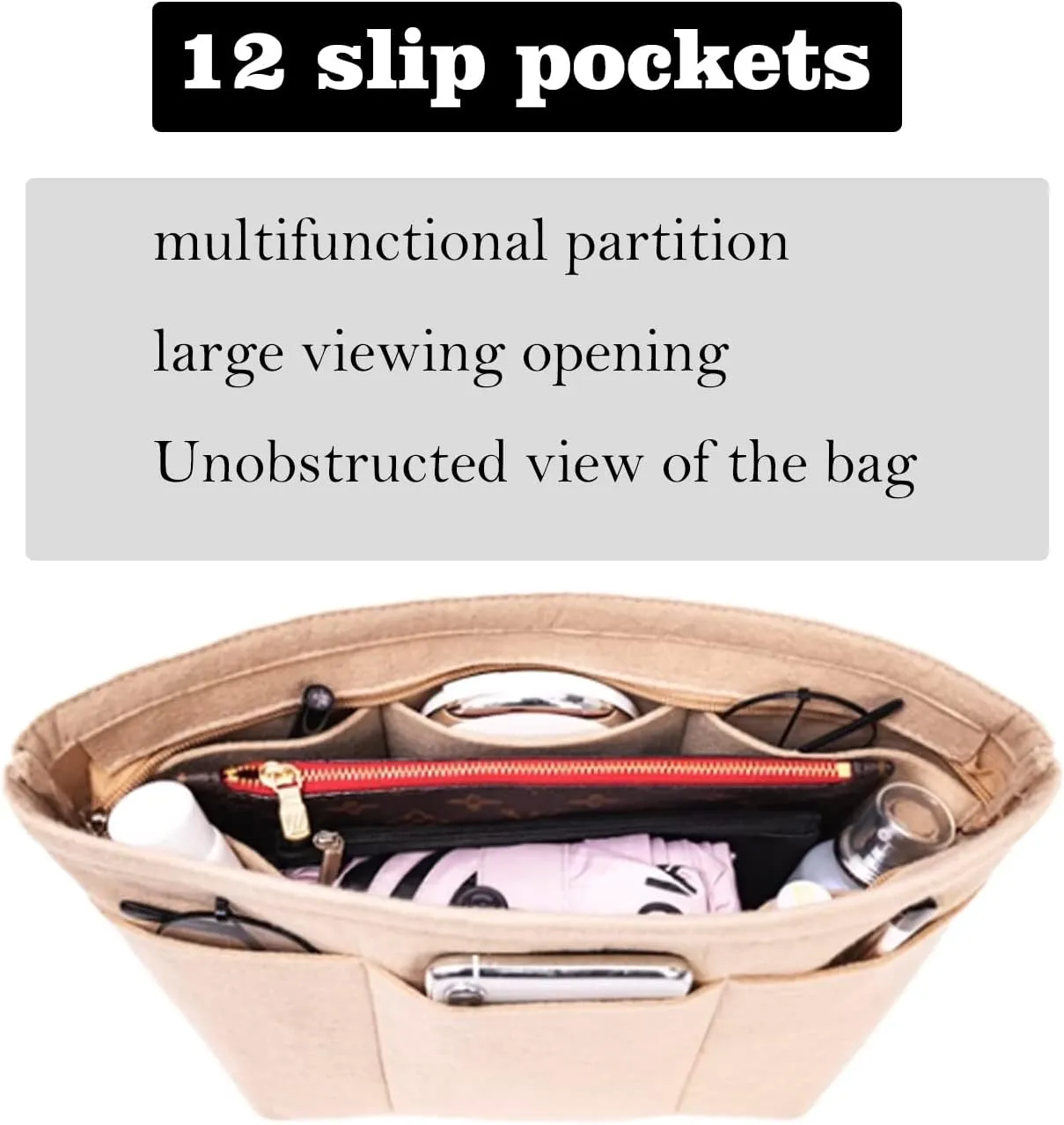 Purse Organizer Insert, Tote Bag Organizer Insert, Felt Bag Divider With 12 Pockets, Compatible With Tote, Handbags (Beige, Small)