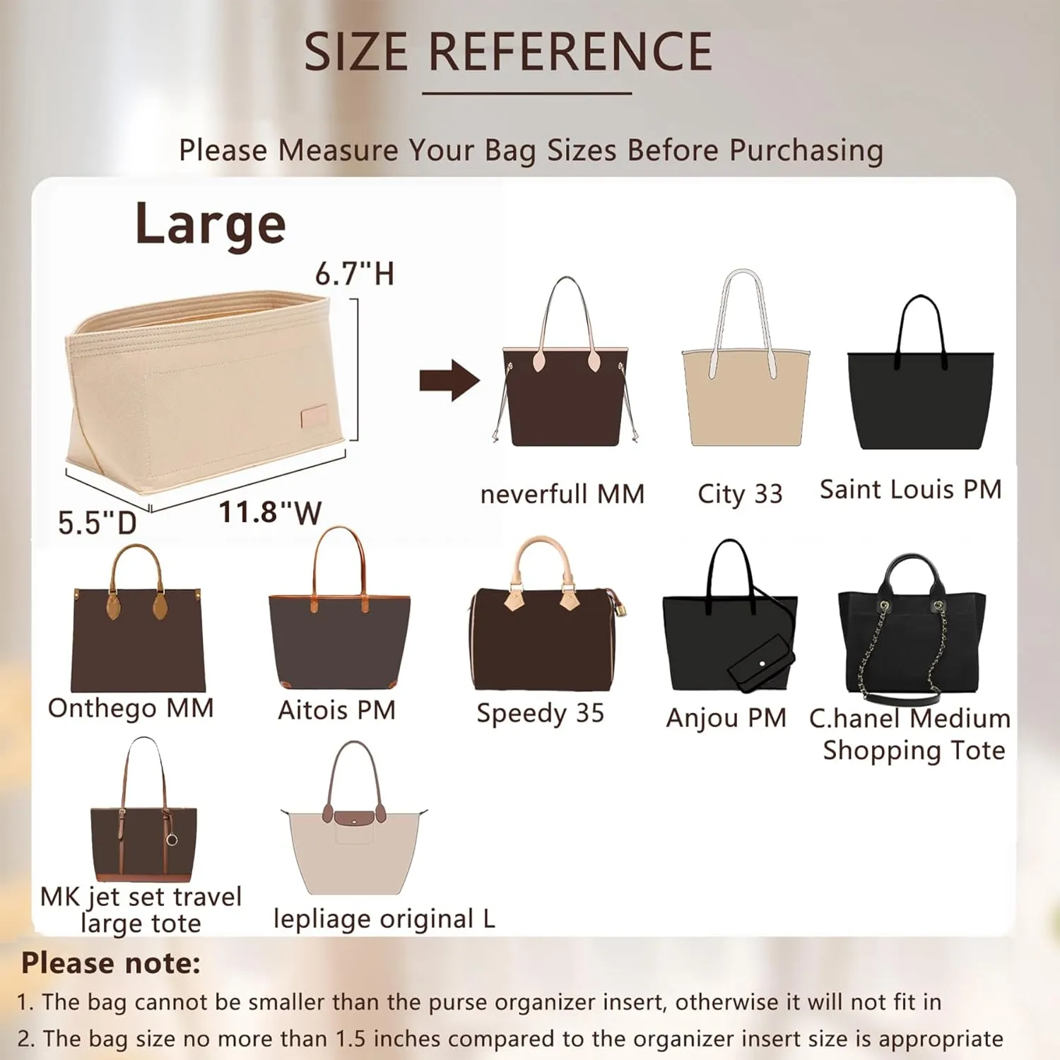 Purse Organizer Insert, Tote Bag Organizer Insert with Base Shaper,Felt Zipper Handbag Shaper Compatible with neverfull MM, C.oach City 33, G.oyard S.aint Louis PM and More,Brown/L