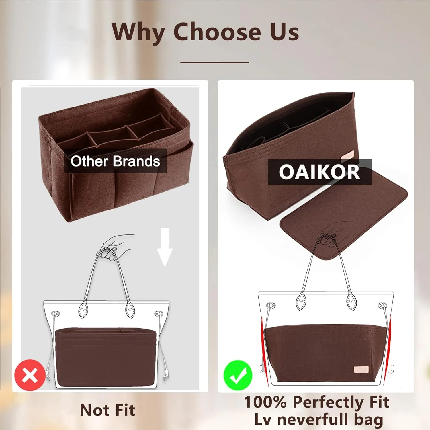 Purse Organizer Insert, Tote Bag Organizer Insert with Base Shaper,Felt Zipper Handbag Shaper Compatible with neverfull MM, C.oach City 33, G.oyard S.aint Louis PM and More,Brown/L