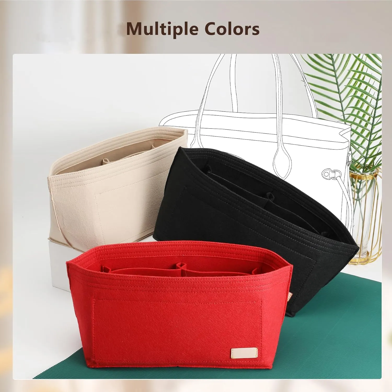 Purse Organizer Insert, Tote Bag Organizer Insert with Base Shaper,Felt Zipper Handbag Shaper Compatible with neverfull MM, C.oach City 33, G.oyard S.aint Louis PM and More,Brown/L