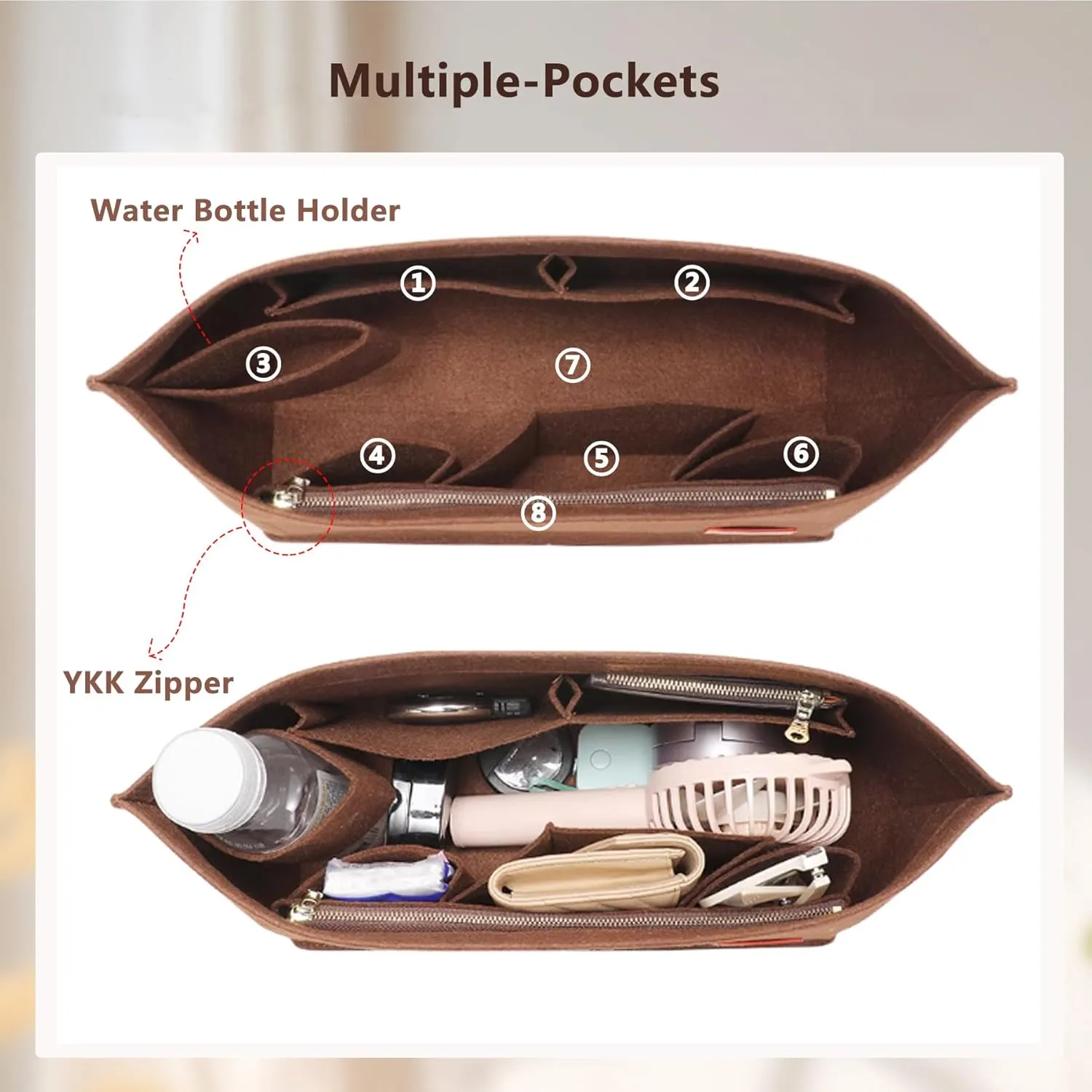 Purse Organizer Insert, Tote Bag Organizer Insert with Base Shaper,Felt Zipper Handbag Shaper Compatible with neverfull MM, C.oach City 33, G.oyard S.aint Louis PM and More,Brown/L