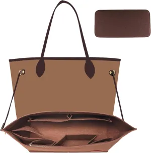 Purse Organizer Insert, Tote Bag Organizer Insert with Base Shaper,Felt Zipper Handbag Shaper Compatible with neverfull MM, C.oach City 33, G.oyard S.aint Louis PM and More,Brown/L