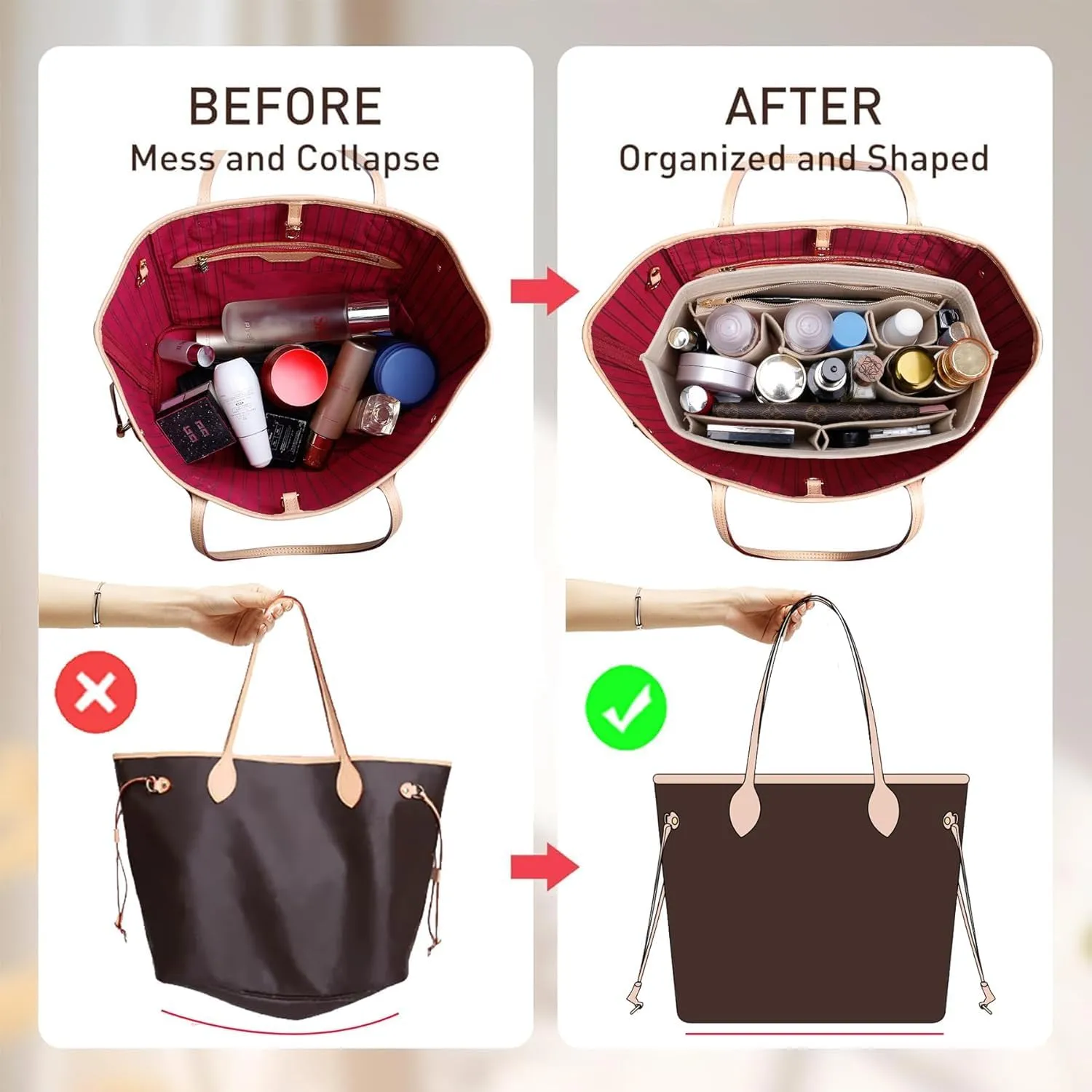 Purse Organizer Insert with Base Shaper Compatible with C.oach City 33, neverfull MM, G.oyard PM and More,Bag Organizer Insert for Luxury Bags,L/Wine Red