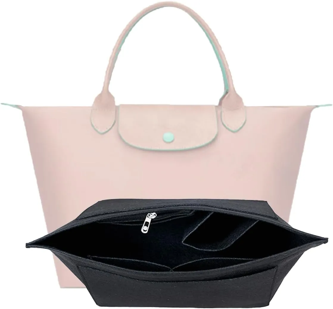Purse Organizer, Multi-Pocket Felt Handbag Organizer, Folding Tote Bag organizer insert for Insert Wallet Organizer Suitable for Longchamp (Black, Small)