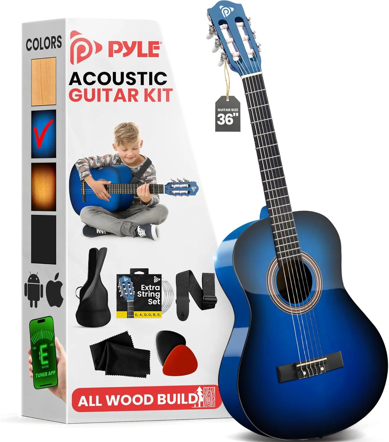Pyle Beginner Acoustic Guitar Kit, 3/4 Junior Size All Wood Instrument for Kids, Adults, 36" Blue Burst