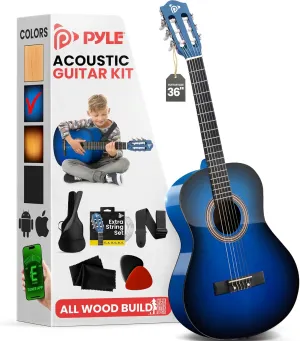 Pyle Beginner Acoustic Guitar Kit, 3/4 Junior Size All Wood Instrument for Kids, Adults, 36" Blue Burst