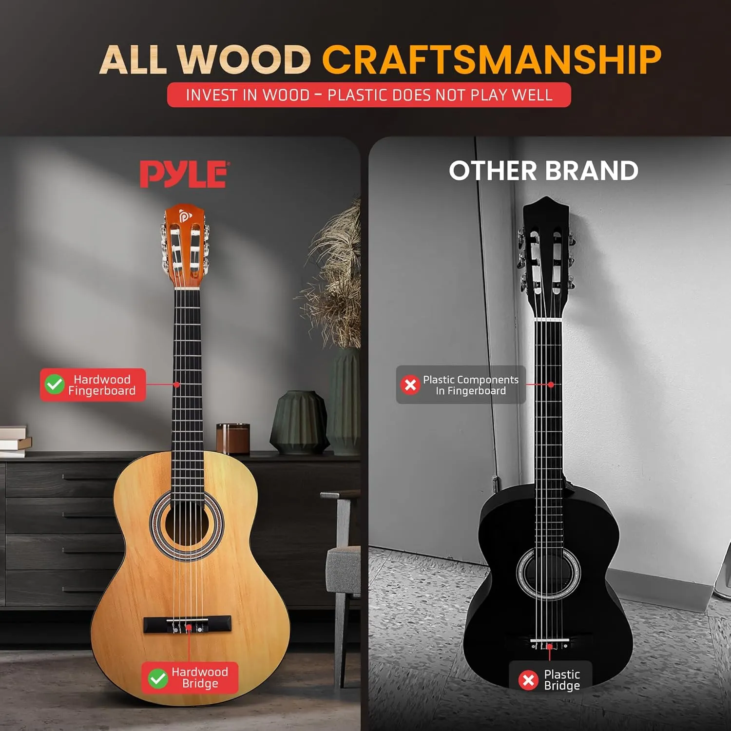 Pyle Beginner Acoustic Guitar Kit, 3/4 Junior Size All Wood Instrument for Kids, Adults, 36" Natural Wood Gloss