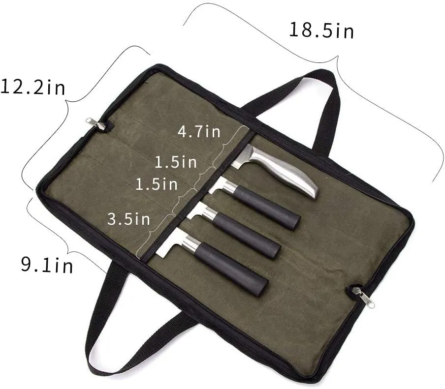 QEES Knife Roll,Heavy Duty Knife Bag,Waxed Canvas knife Case with 4 Slots For Knives & Kitchen Tools,Chef Knife Bag With Handle.Portable Knife Roll Bag For Chefs Culinary Traveling.Knives Pouch