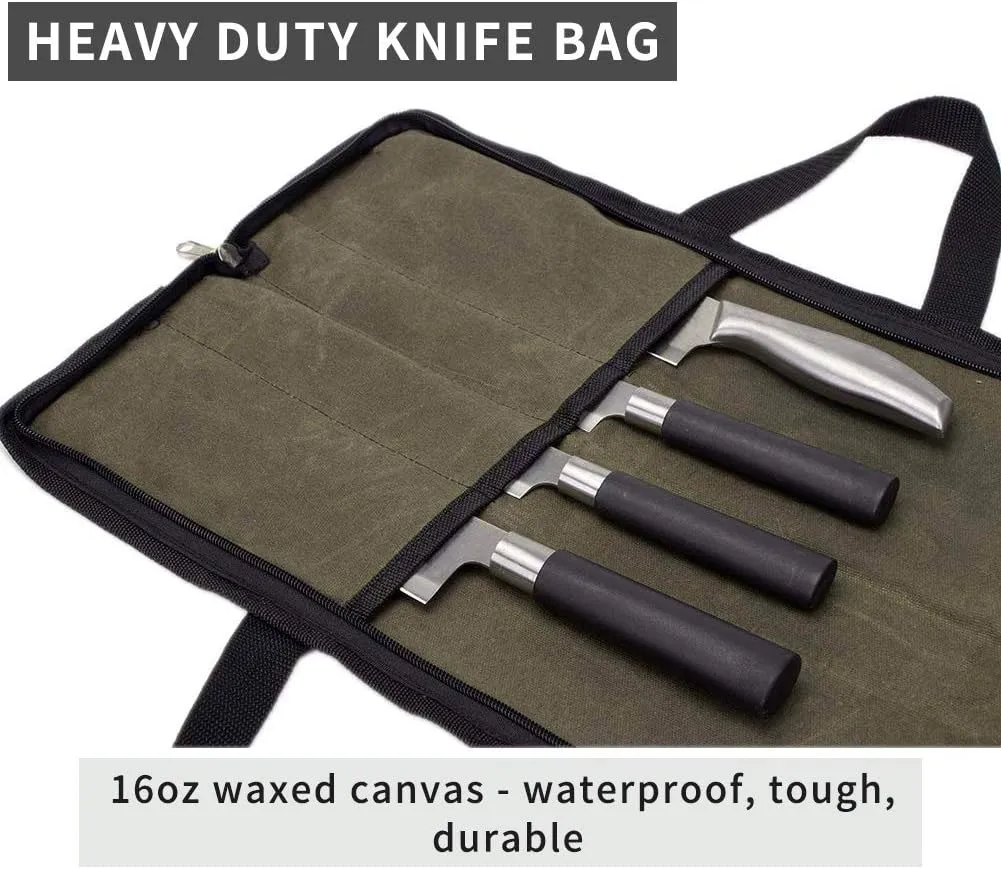 QEES Knife Roll,Heavy Duty Knife Bag,Waxed Canvas knife Case with 4 Slots For Knives & Kitchen Tools,Chef Knife Bag With Handle.Portable Knife Roll Bag For Chefs Culinary Traveling.Knives Pouch